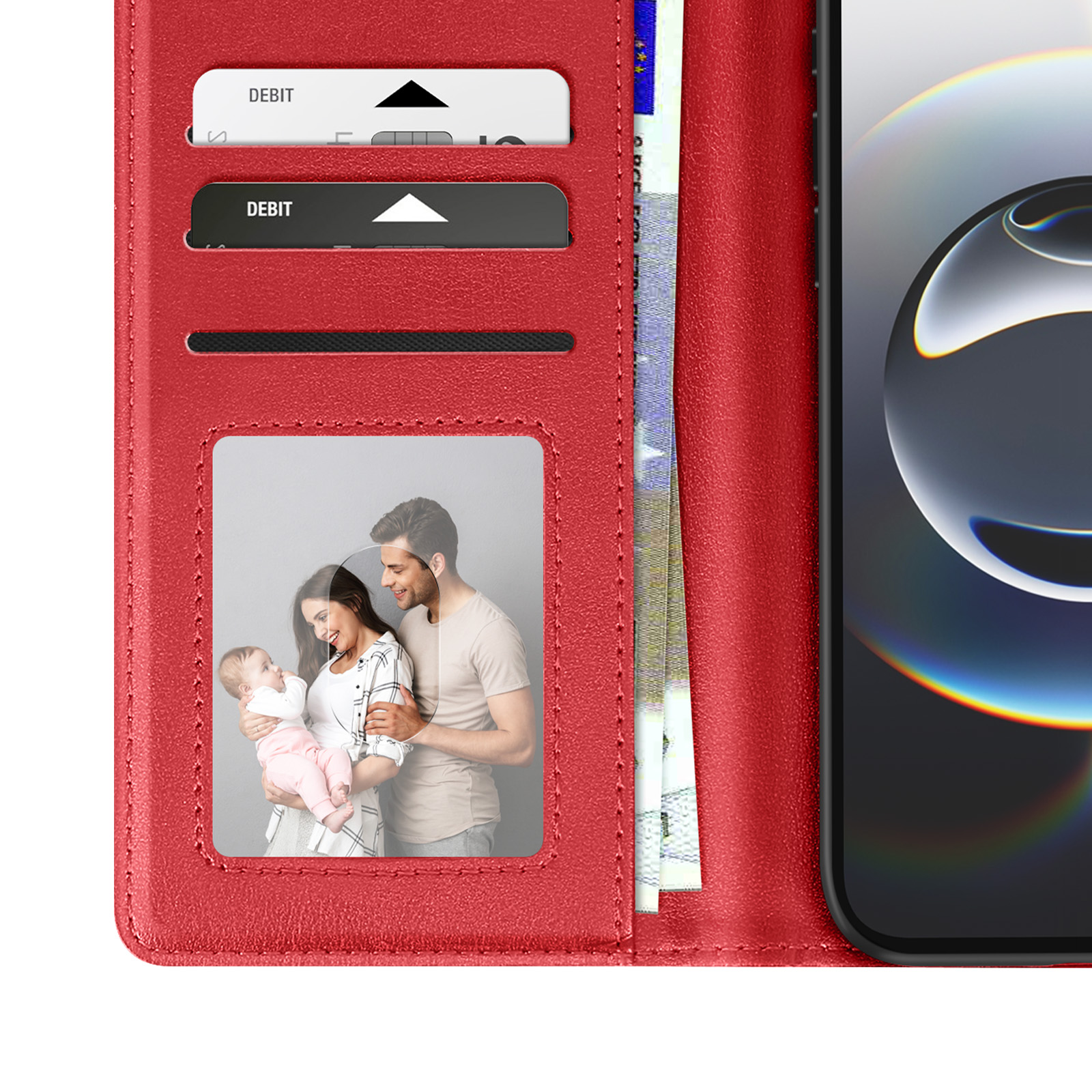 Portafoglio rosso con carte, foto di famiglia e telefono. Il telefono ha uno schermo nero.