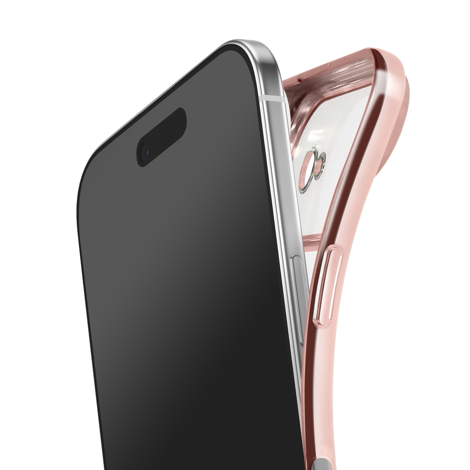 Een smartphone met een zwart scherm staat naast een roze telefoonhoesje op een witte achtergrond. De hoes is doorzichtig.