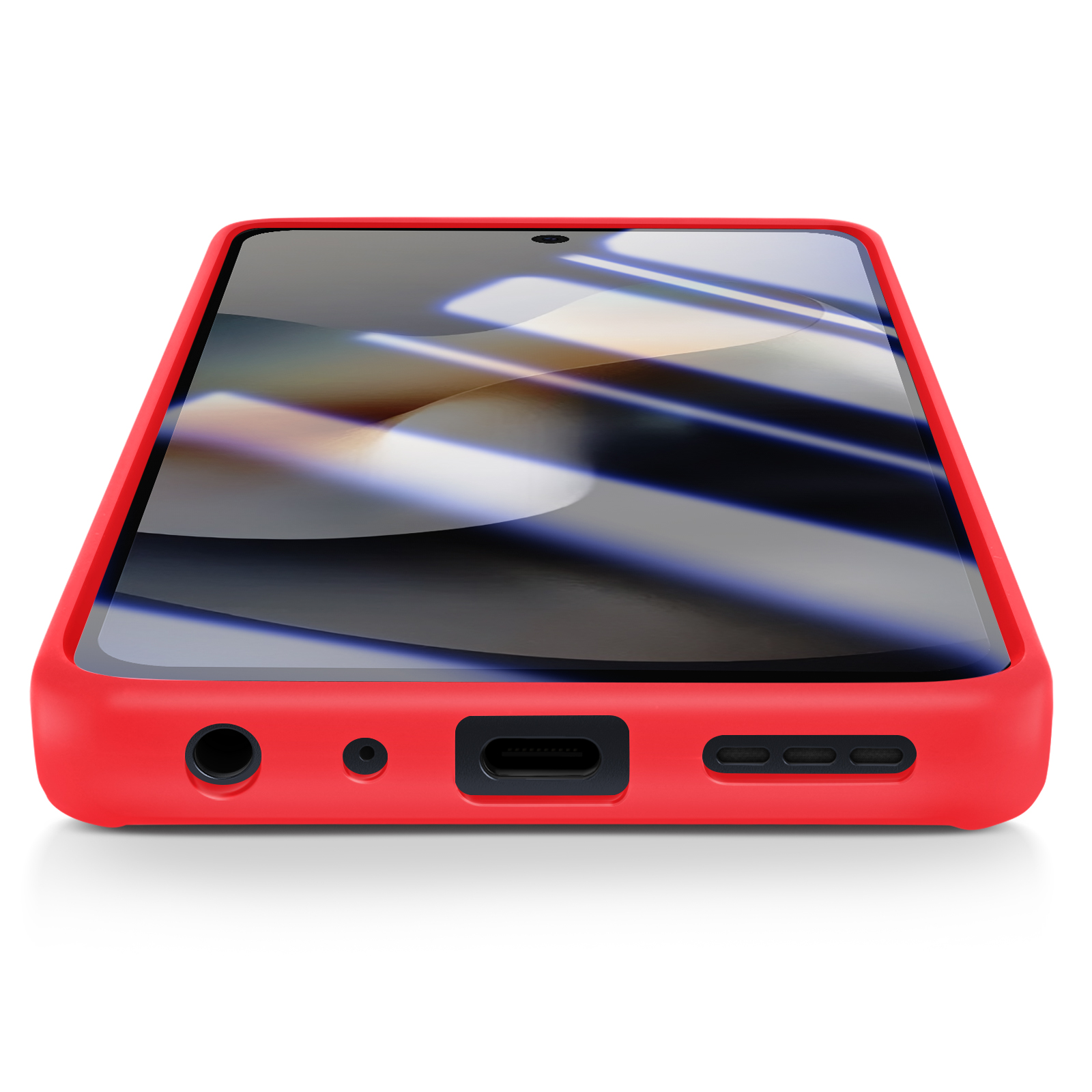 Une coque de téléphone rouge avec un téléphone à l'intérieur. L'écran affiche une image floue. Le fond est blanc.