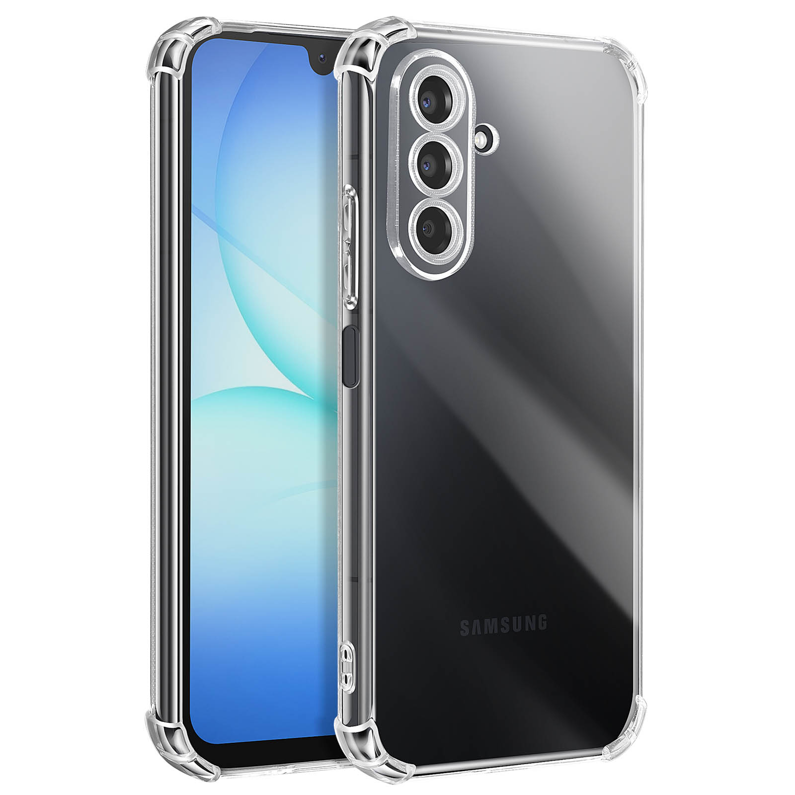 Una custodia trasparente protegge uno smartphone. Il retro ha tre obiettivi e un logo Samsung.