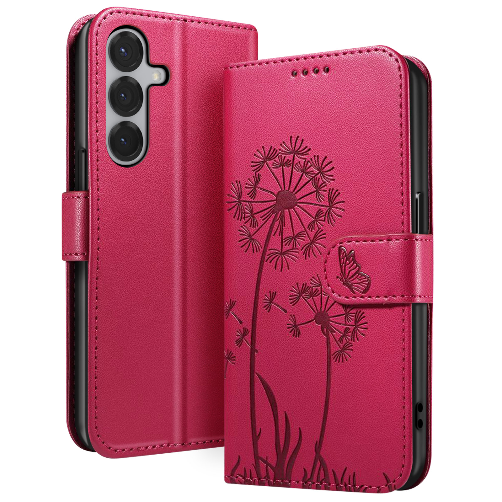 Eine rosa Handyhülle mit einem Pusteblumen-Design. Die Hülle ist offen und zeigt die Kamera und den Bildschirm des Telefons.
