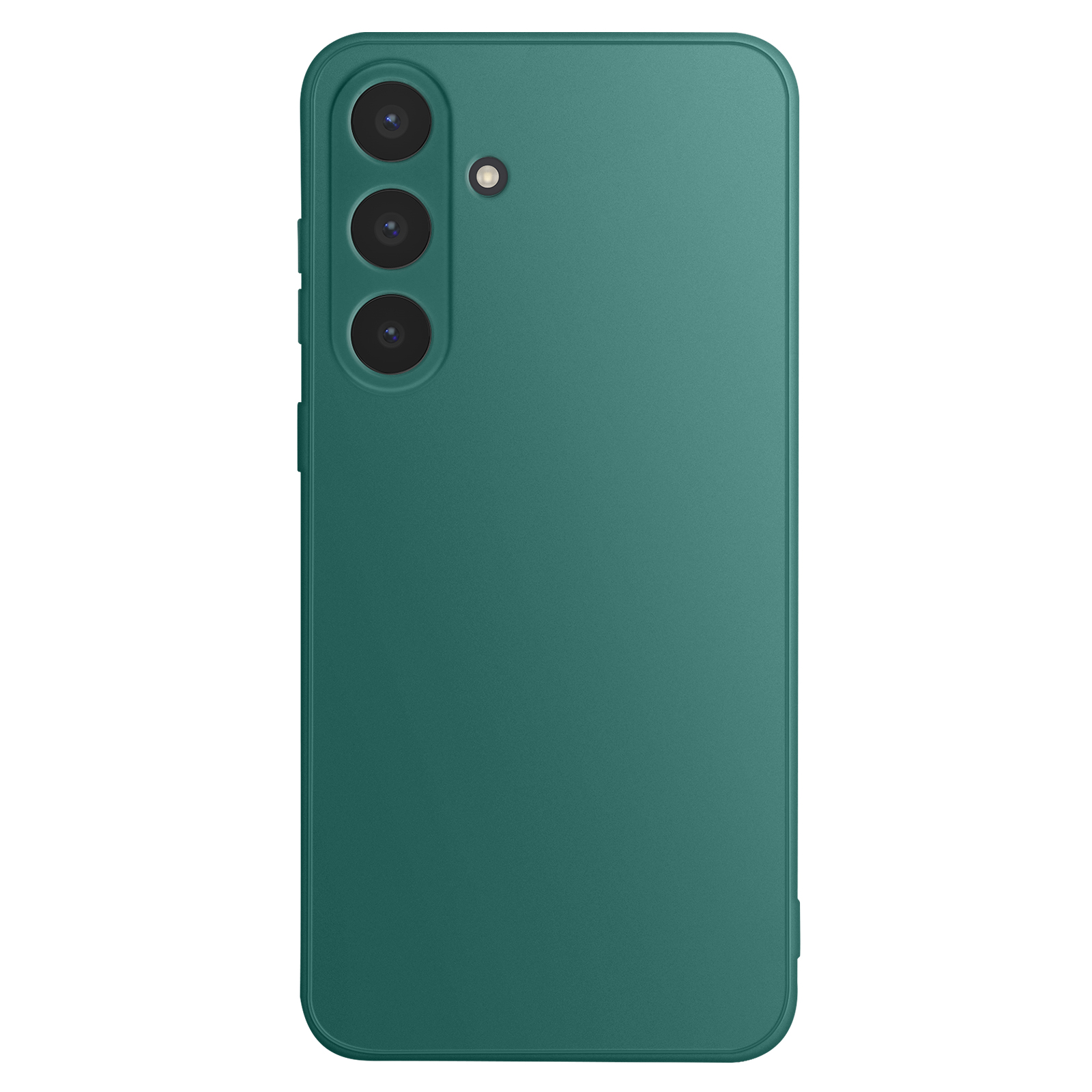 Retro di smartphone verde acqua con tre obiettivi e un flash. Lo sfondo è bianco.