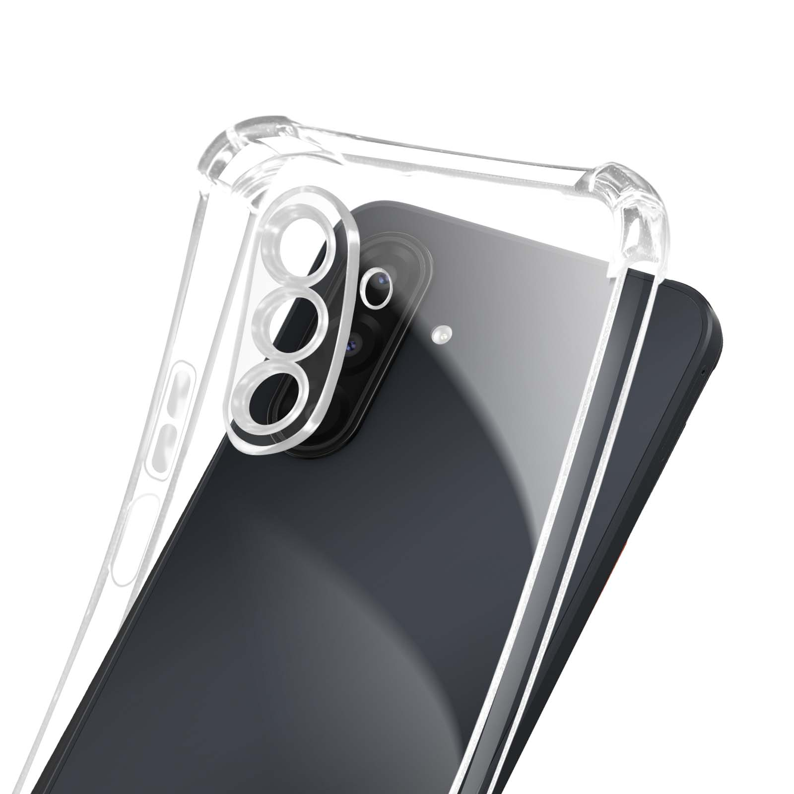 Una custodia trasparente è su un telefono nero. Le lenti della fotocamera sono visibili. Lo sfondo è bianco.