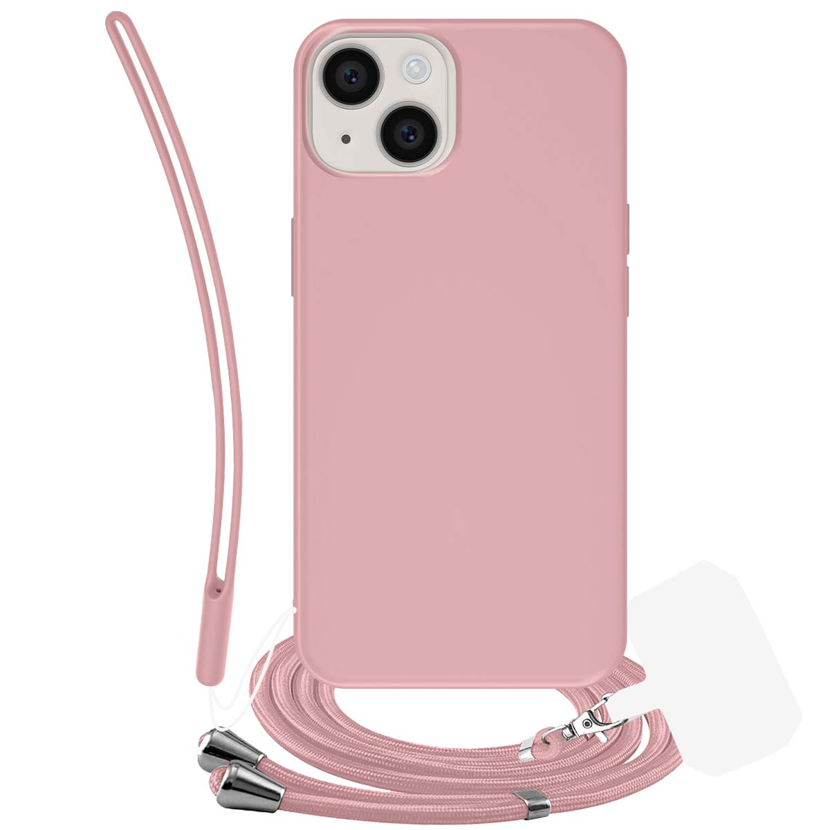 Custodia rosa per telefono con cinturino. La custodia ha un ritaglio per la fotocamera e il cinturino è attaccato. Lo sfondo è bianco.