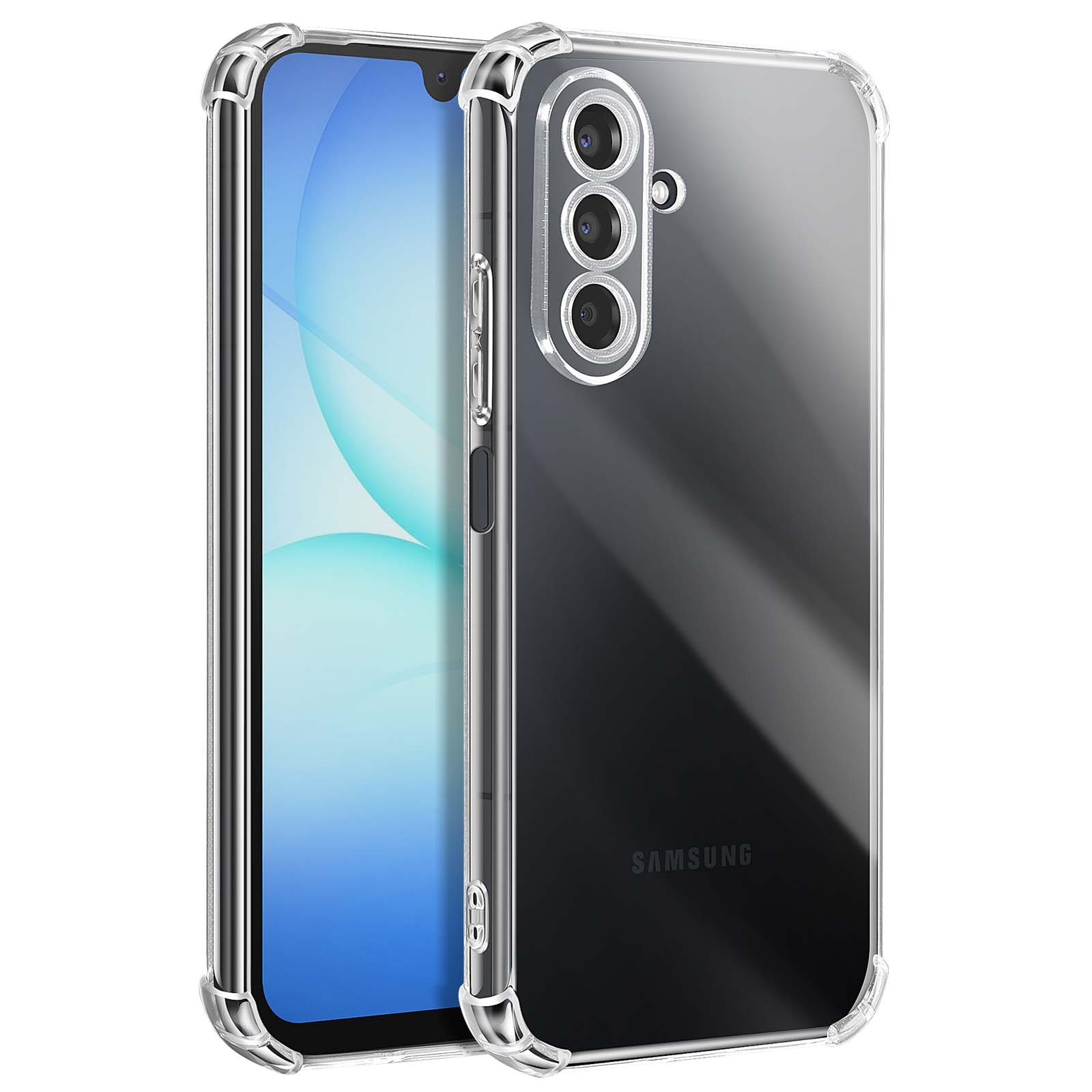 Una custodia trasparente per telefono, che mostra il retro di un telefono Samsung con tre obiettivi. La custodia ha angoli rialzati.