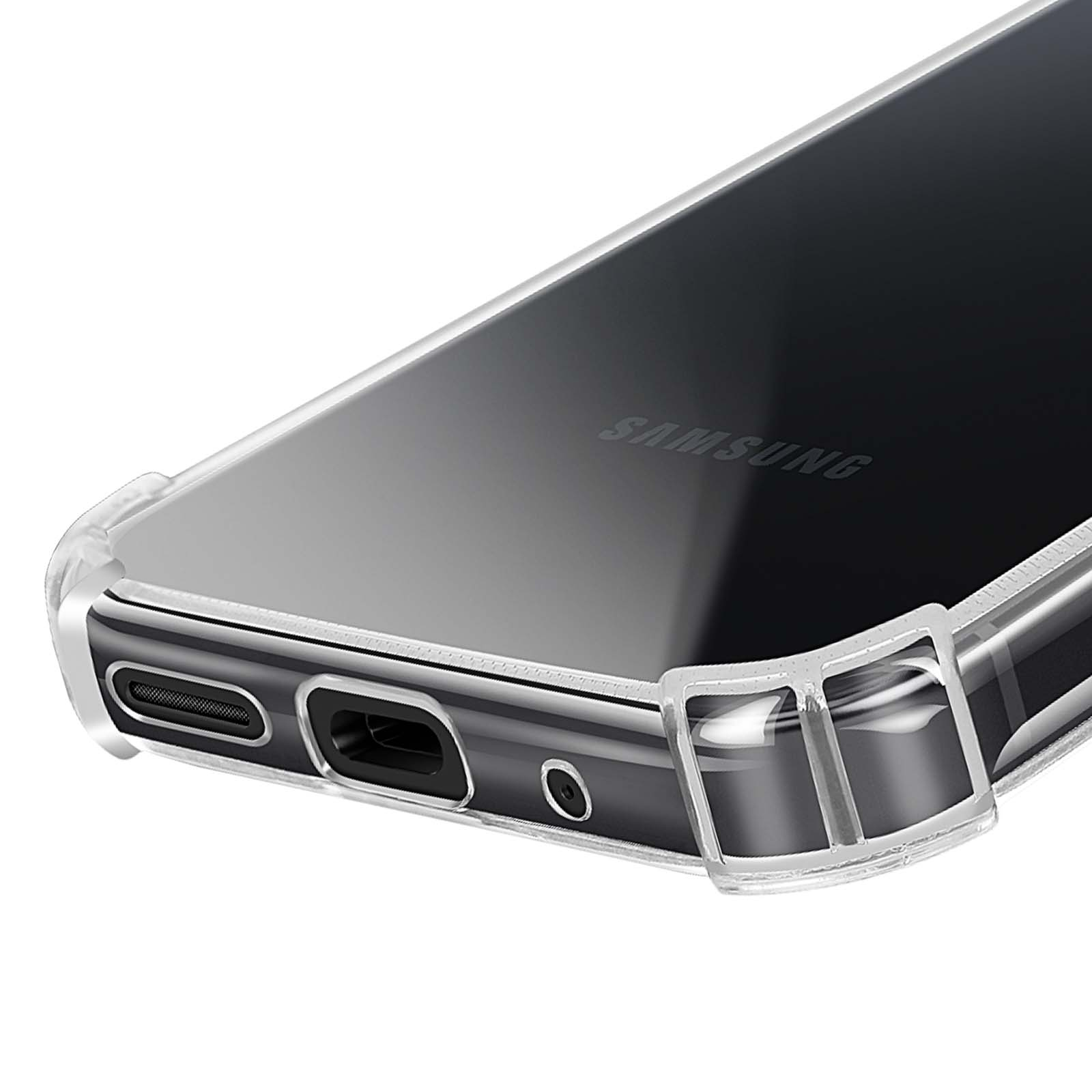 Una custodia trasparente per telefono protegge un telefono nero. Il logo Samsung è visibile. La custodia ha aperture per le porte.