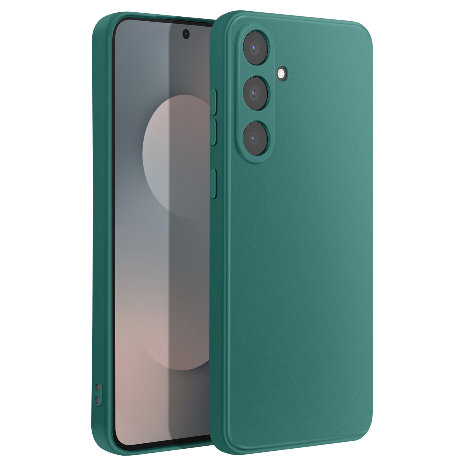 Telefono verde con custodia protettiva. Lo schermo mostra uno sfondo chiaro. Sono visibili tre fotocamere.
