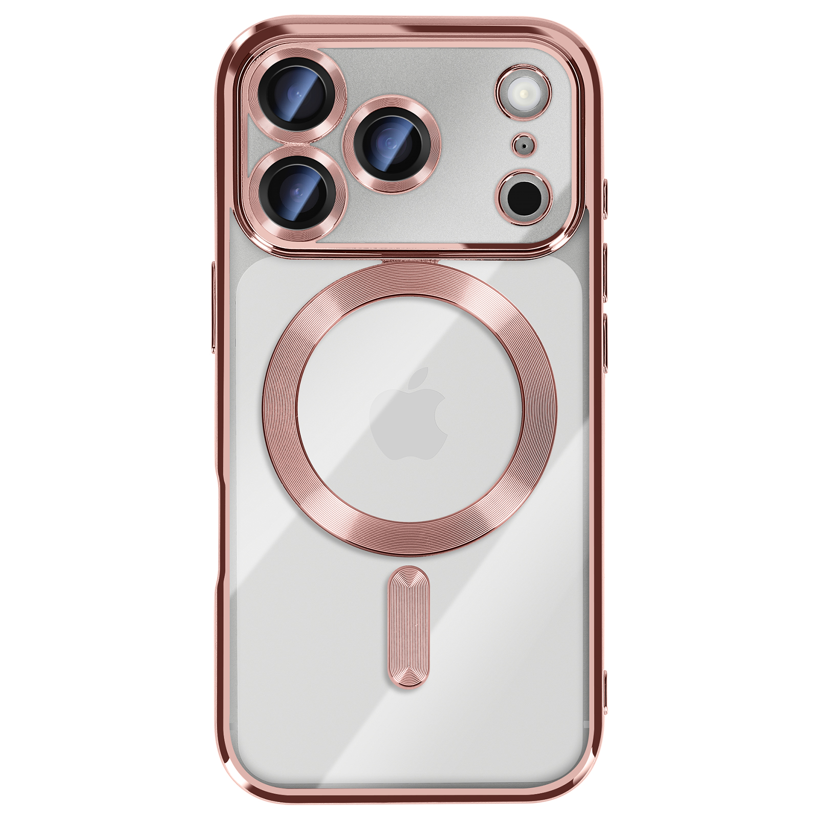Une coque transparente pour iPhone avec un cadre or rose. Comprend des découpes pour l'appareil photo, un anneau MagSafe et le logo Apple.