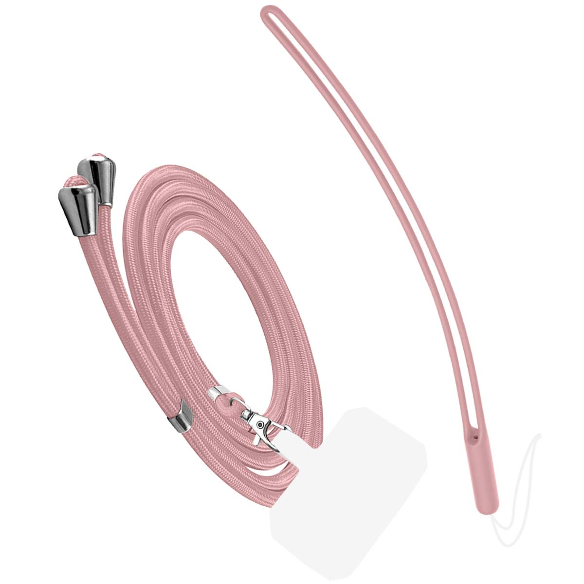 Un cordino rosa per telefono con un cordoncino intrecciato e un cinturino rosa sottile separato. Sono visibili chiusure in metallo e un supporto per telefono bianco.