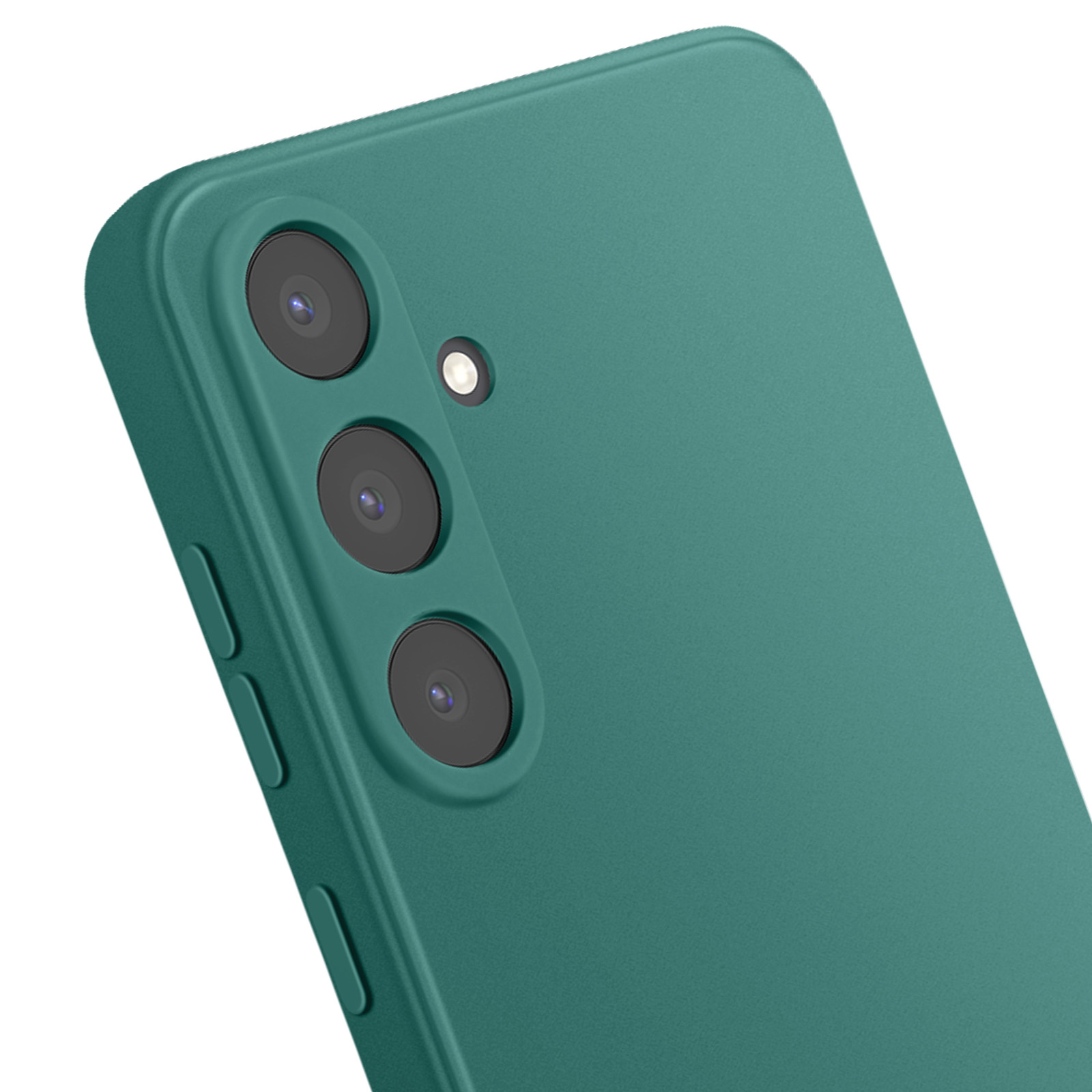 Primo piano di una custodia verde per telefono con tre obiettivi e un flash. Lo sfondo è bianco.