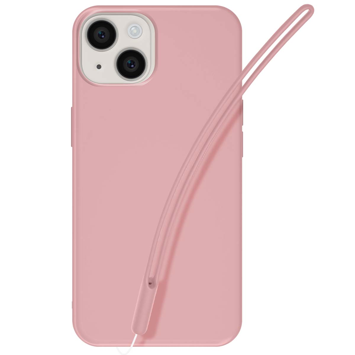 Una custodia rosa per telefono con cinturino. La custodia ha ritagli per la fotocamera. Il cinturino è lungo e sottile, attaccato in basso.