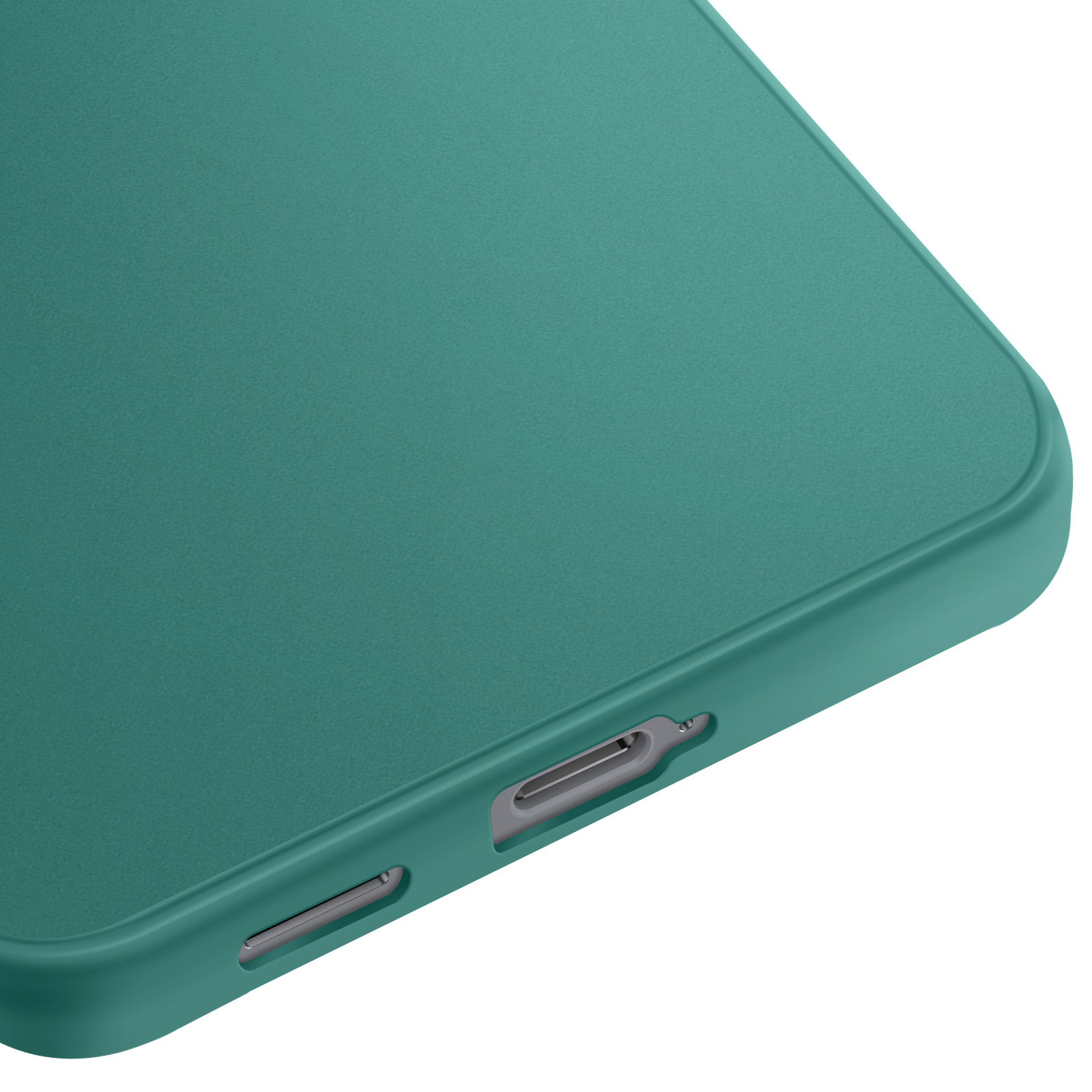 Primo piano di una custodia per telefono verde acqua. La custodia ha una superficie strutturata e fori per pulsanti e porte. Sfondo bianco.