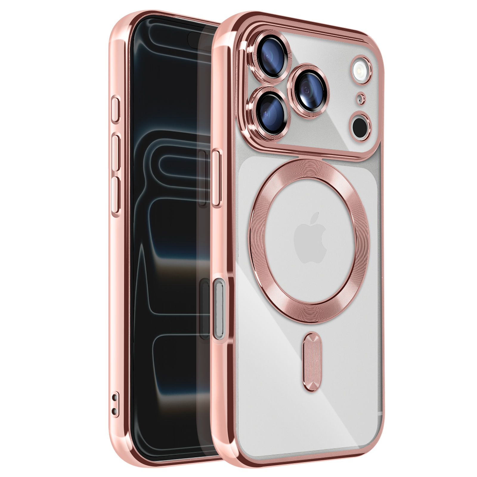 Coque de téléphone or rose avec dos transparent. Elle possède un anneau autour de la caméra et un cercle MagSafe.