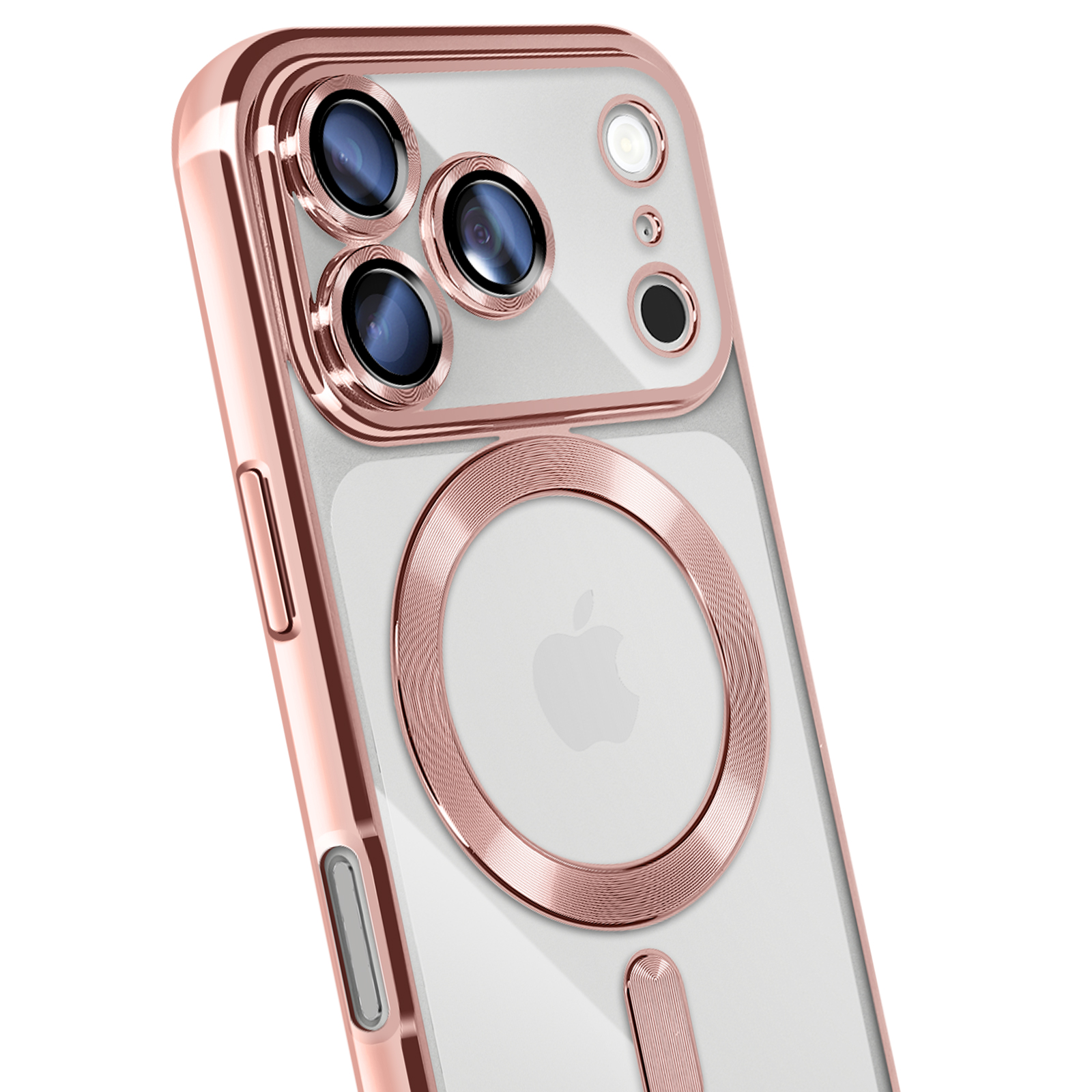 Coque de téléphone or rose avec découpes pour caméra et logo Apple. Dos transparent et anneau doré pour magsafe.