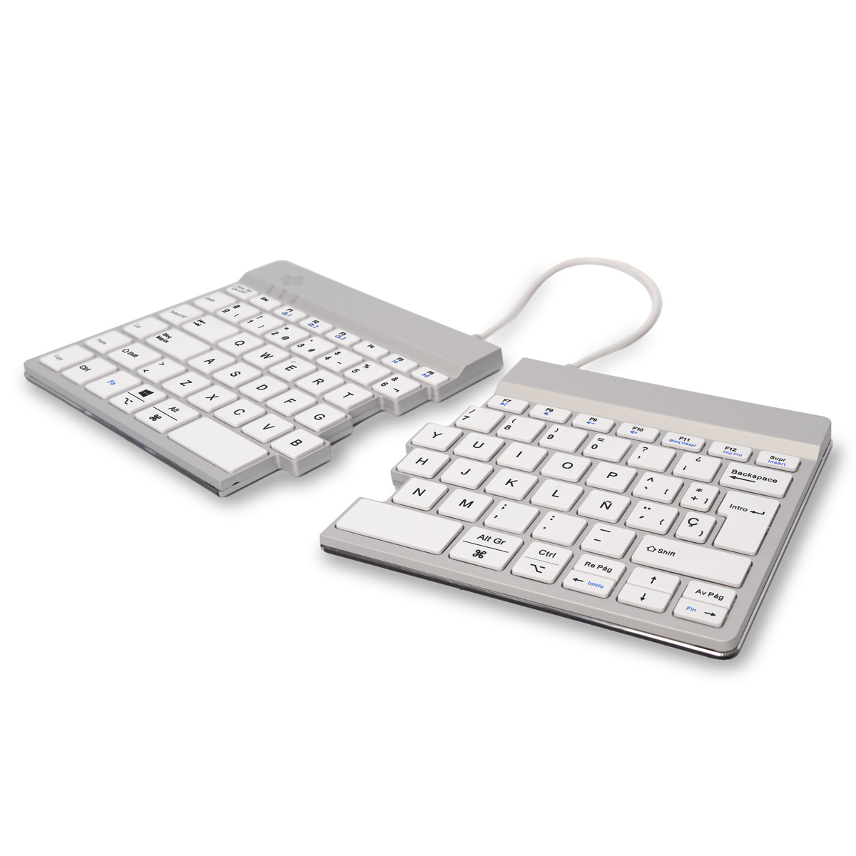 Una tastiera ergonomica divisa con tasti bianchi e cornice grigia, collegata da un cavo bianco, su sfondo bianco.