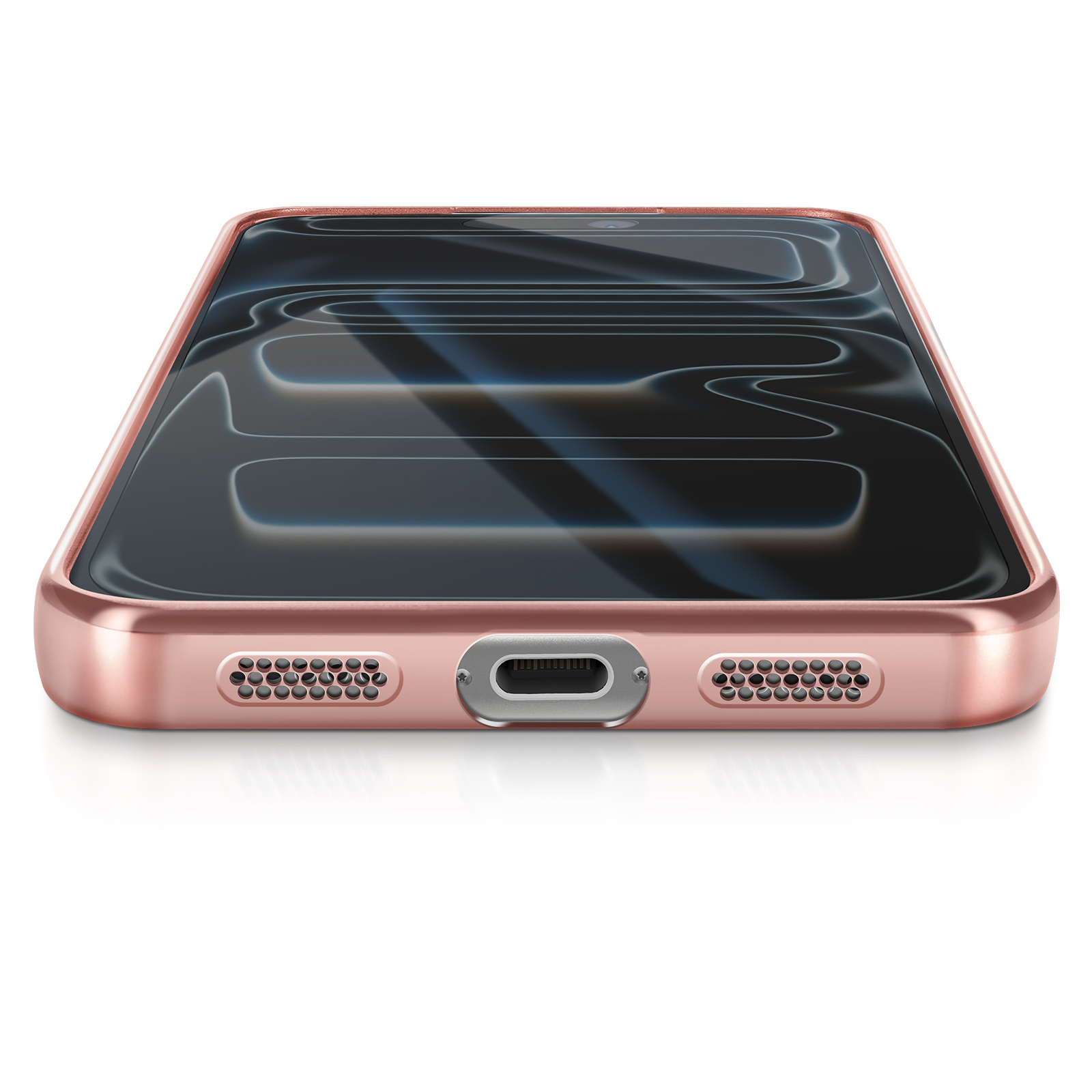 Smartphone or rose sur une surface blanche, affichant un motif sombre et abstrait. Le bas comporte des trous de haut-parleur et un port de chargement.