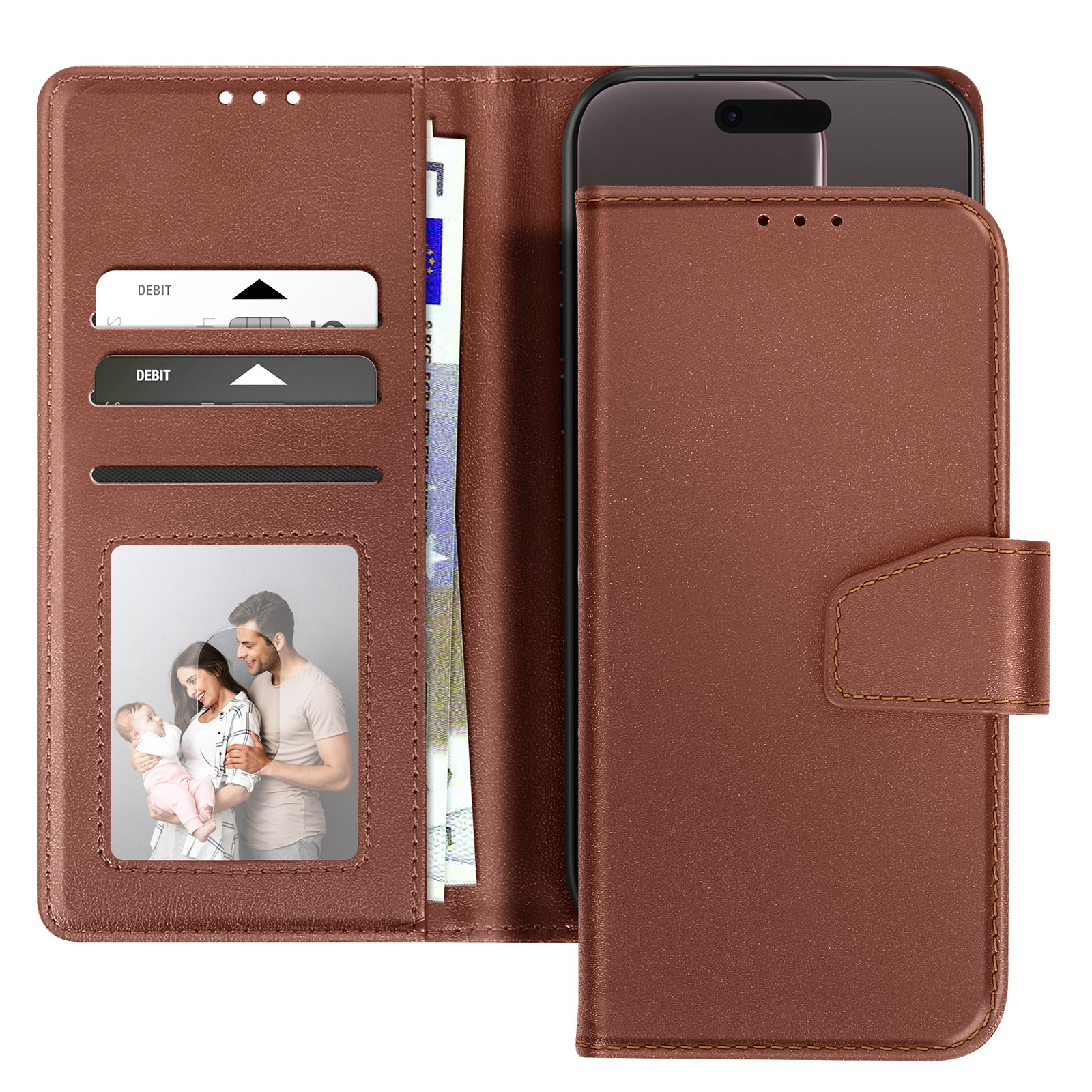 Custodia per telefono in pelle marrone, con telefono dentro. Sono visibili carte, denaro e foto di famiglia.