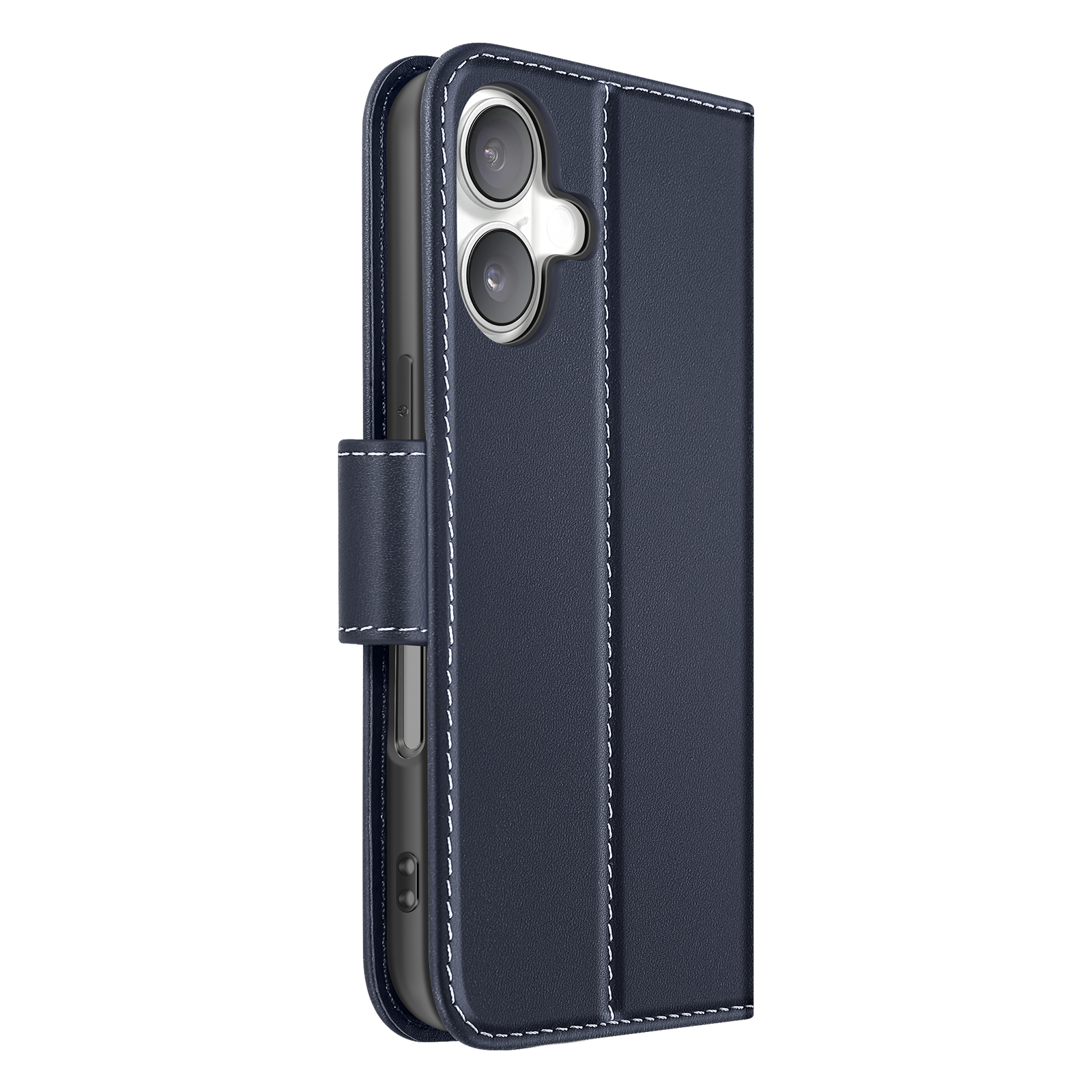 È mostrata una custodia blu navy con cuciture bianche. La custodia ha un ritaglio per la fotocamera e una chiusura magnetica.