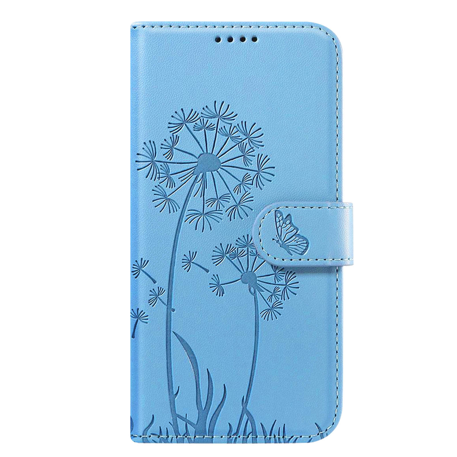 Una custodia per telefono azzurra con disegni di dente di leone e farfalla. Ha una chiusura magnetica.