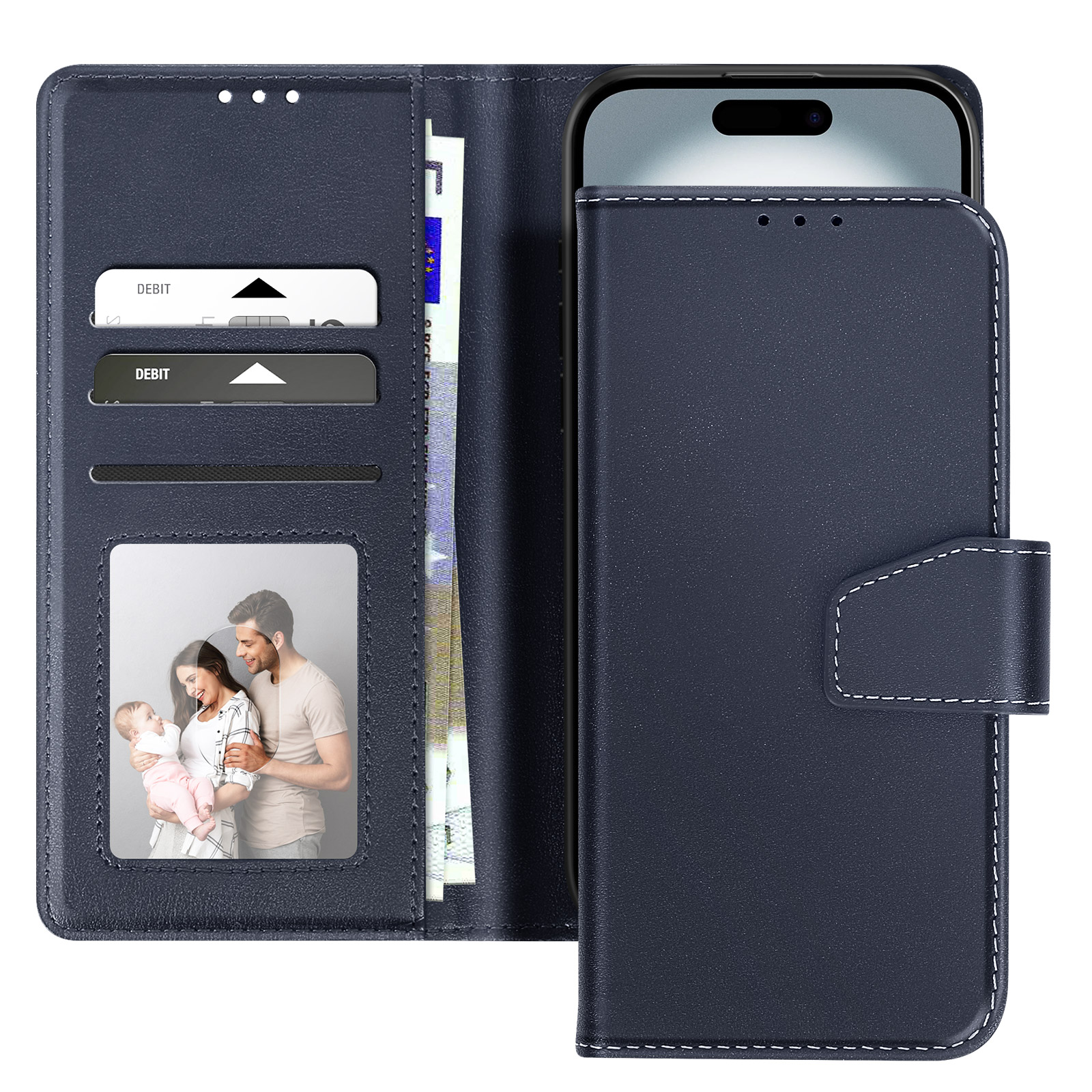 Custodia blu per telefono con portafoglio. All'interno ci sono carte, denaro e una foto di famiglia. È inserito un telefono.