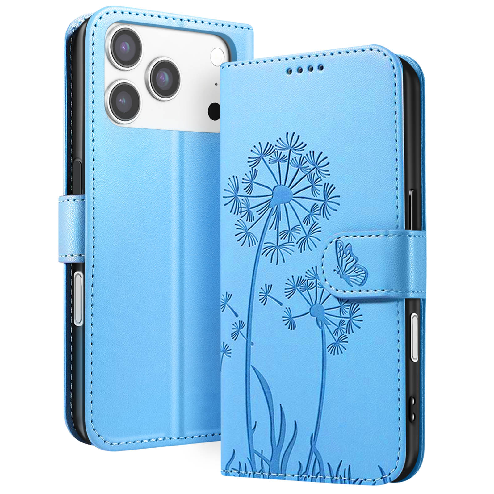 Una custodia per telefono azzurra con un disegno di dente di leone. Il telefono è visibile sul lato sinistro e la custodia è aperta.