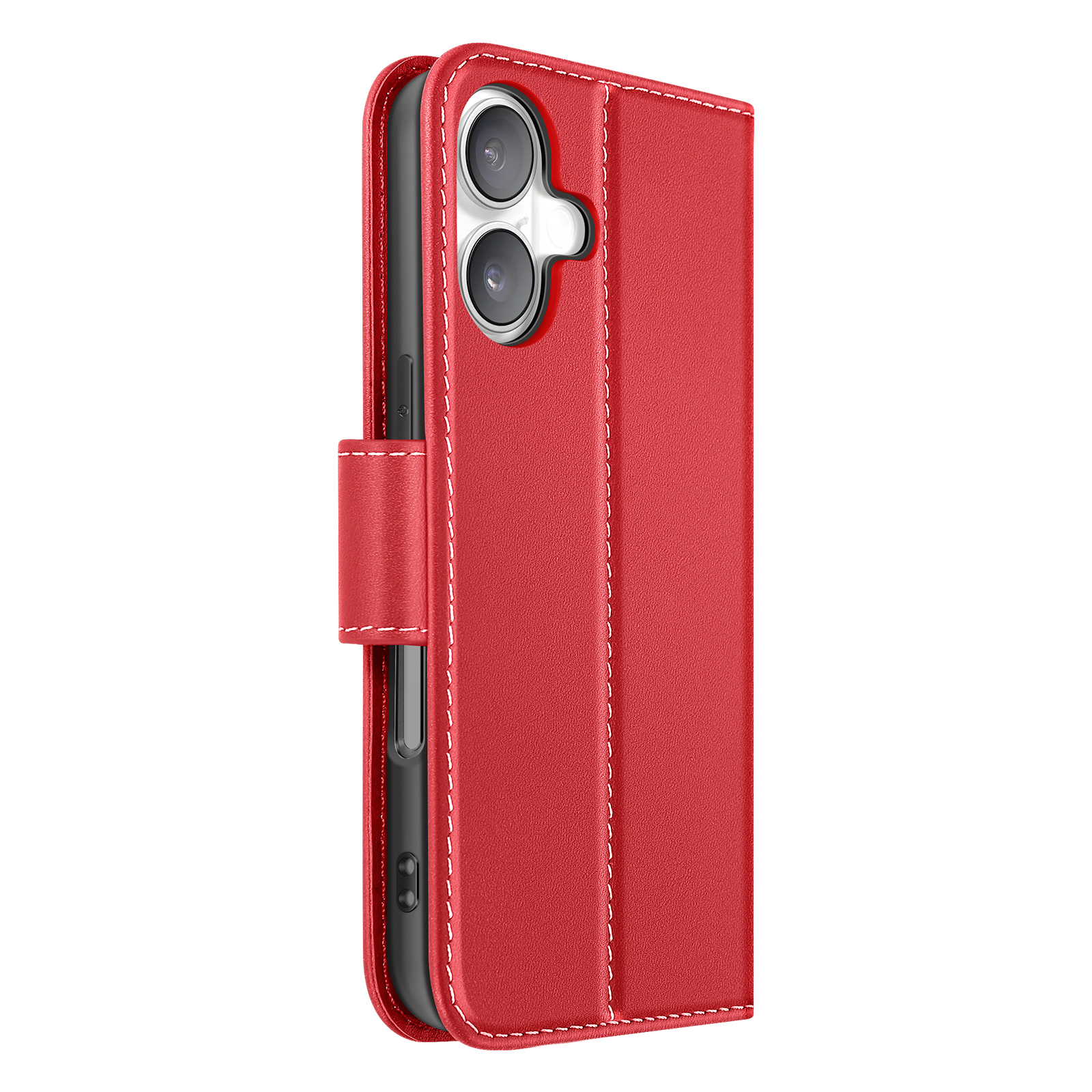 Una custodia per telefono in pelle rossa con cuciture bianche. La custodia è aperta, rivelando le lenti della fotocamera e i pulsanti laterali.