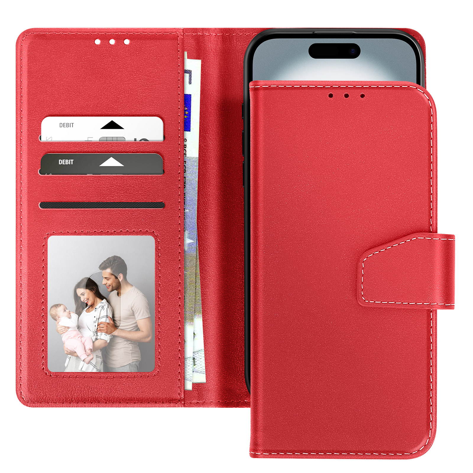 Custodia per telefono rossa con telefono. Ha scomparti per carte, una foto di famiglia e una chiusura a scatto.