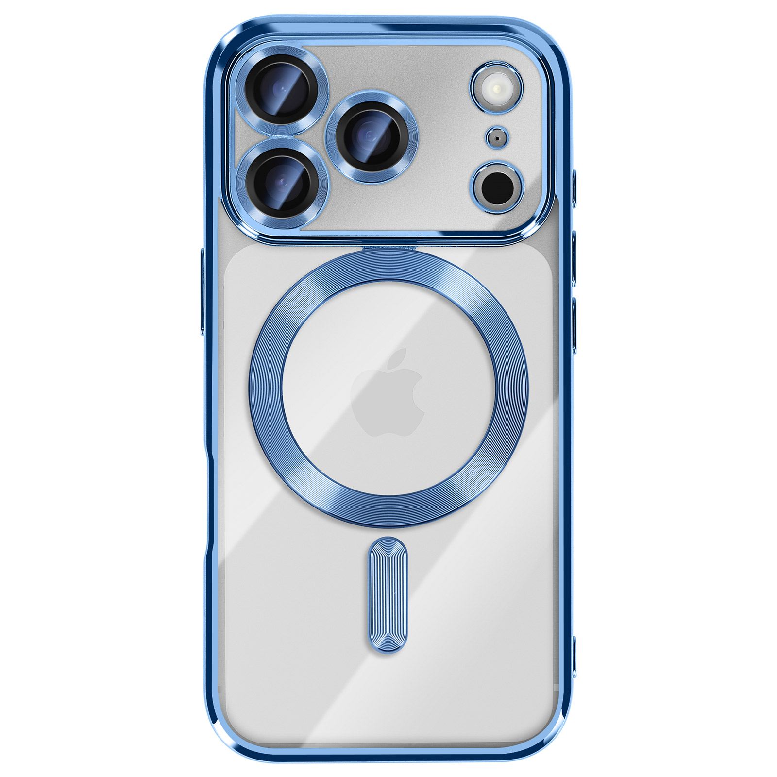 Transparante iPhone-hoes met blauw frame. Achterkant heeft een Apple-logo, een ring en een rechthoekig kenmerk. Camera's zichtbaar.