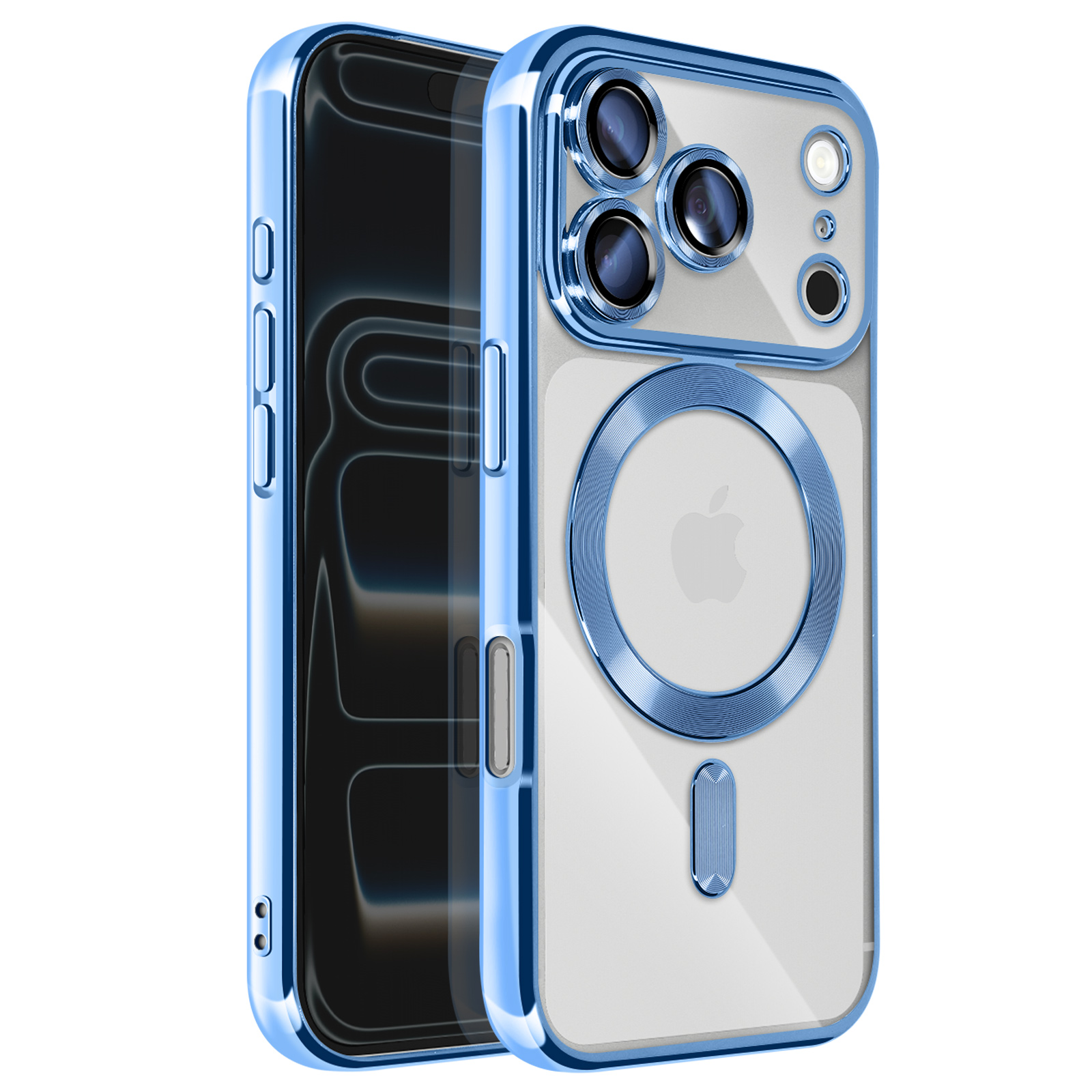 Er wordt een telefoon in een blauwe hoes getoond. De hoes is transparant met een blauwe rand en bevat het Apple-logo.