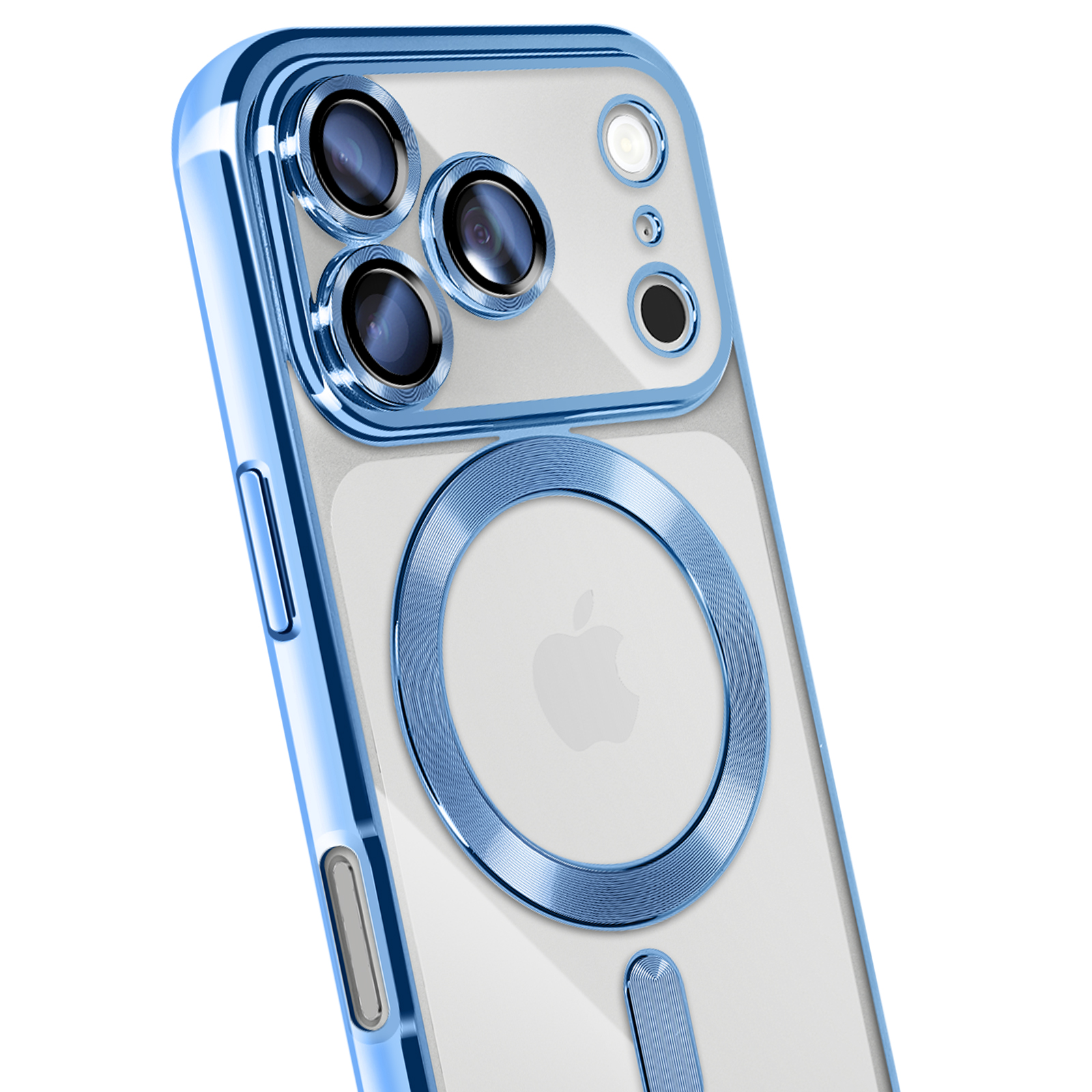 Een blauwe telefoonhoes met een doorzichtige achterkant en een blauwe ring. De cameralenzen zijn zichtbaar.
