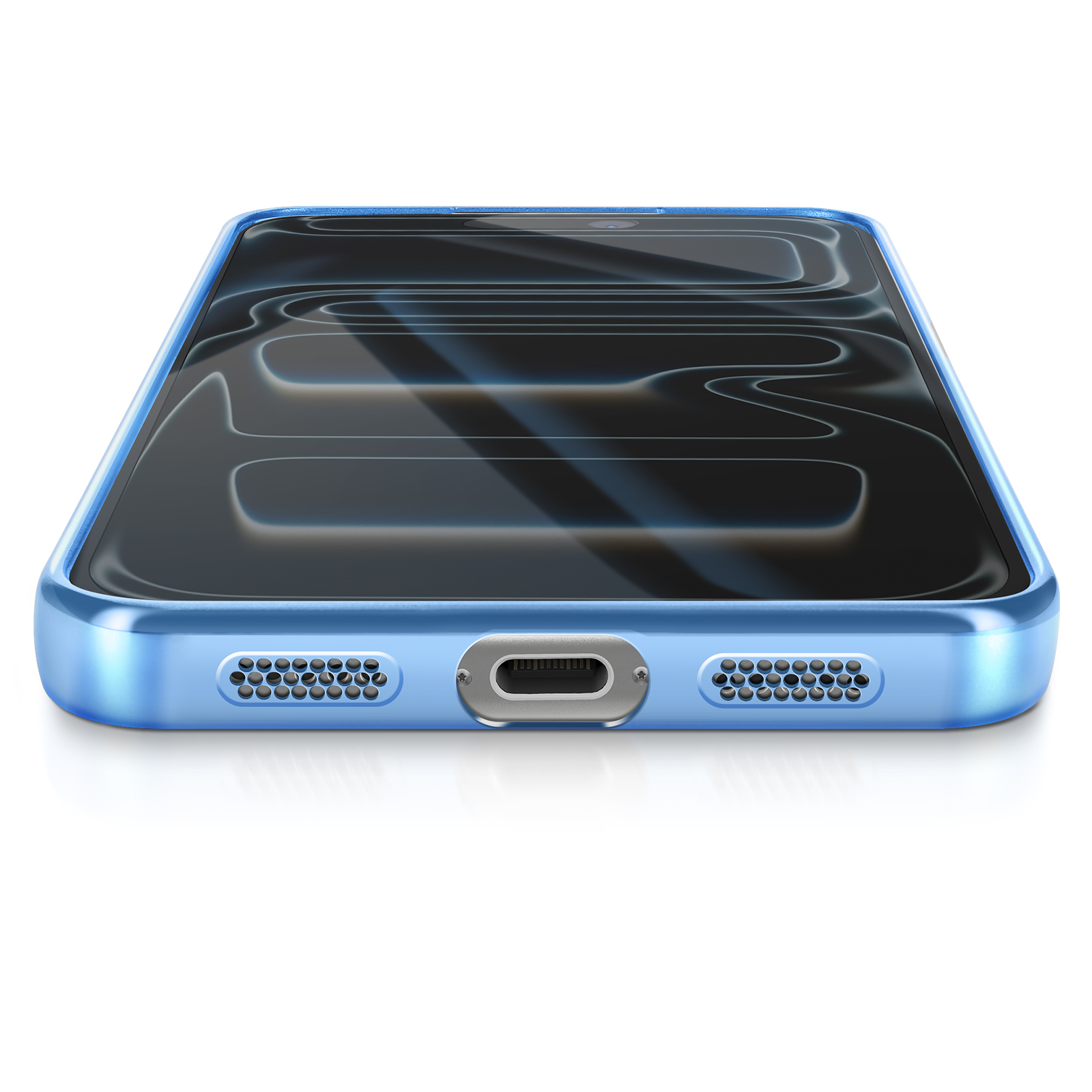 Een blauwe telefoon met een zwart scherm wordt in een hoek getoond. De telefoon ligt op een wit oppervlak.