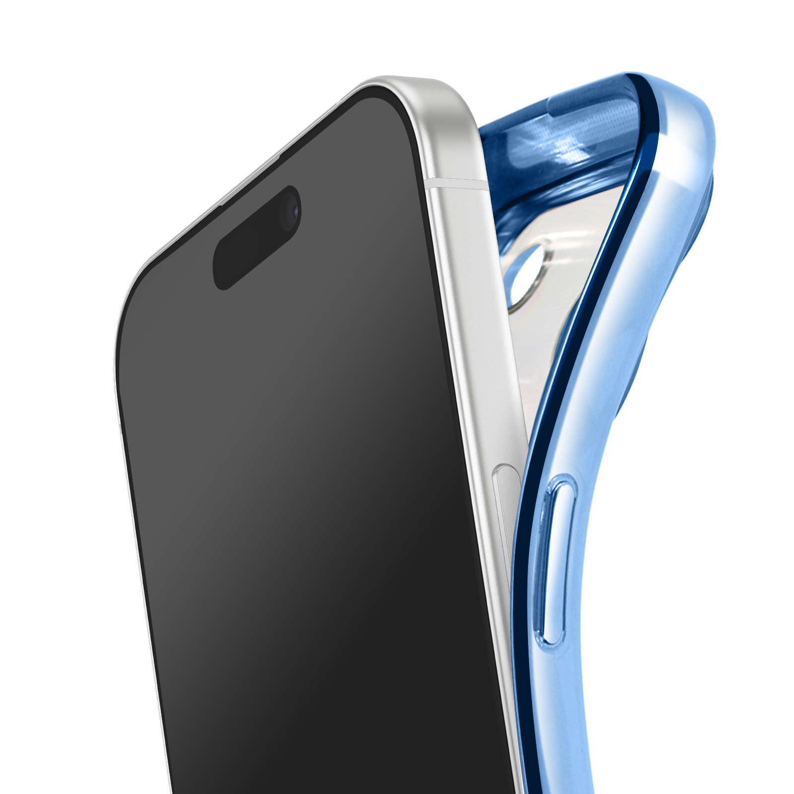 Een smartphone met zwart scherm wordt in een blauwe beschermhoes geplaatst. De achtergrond is wit.