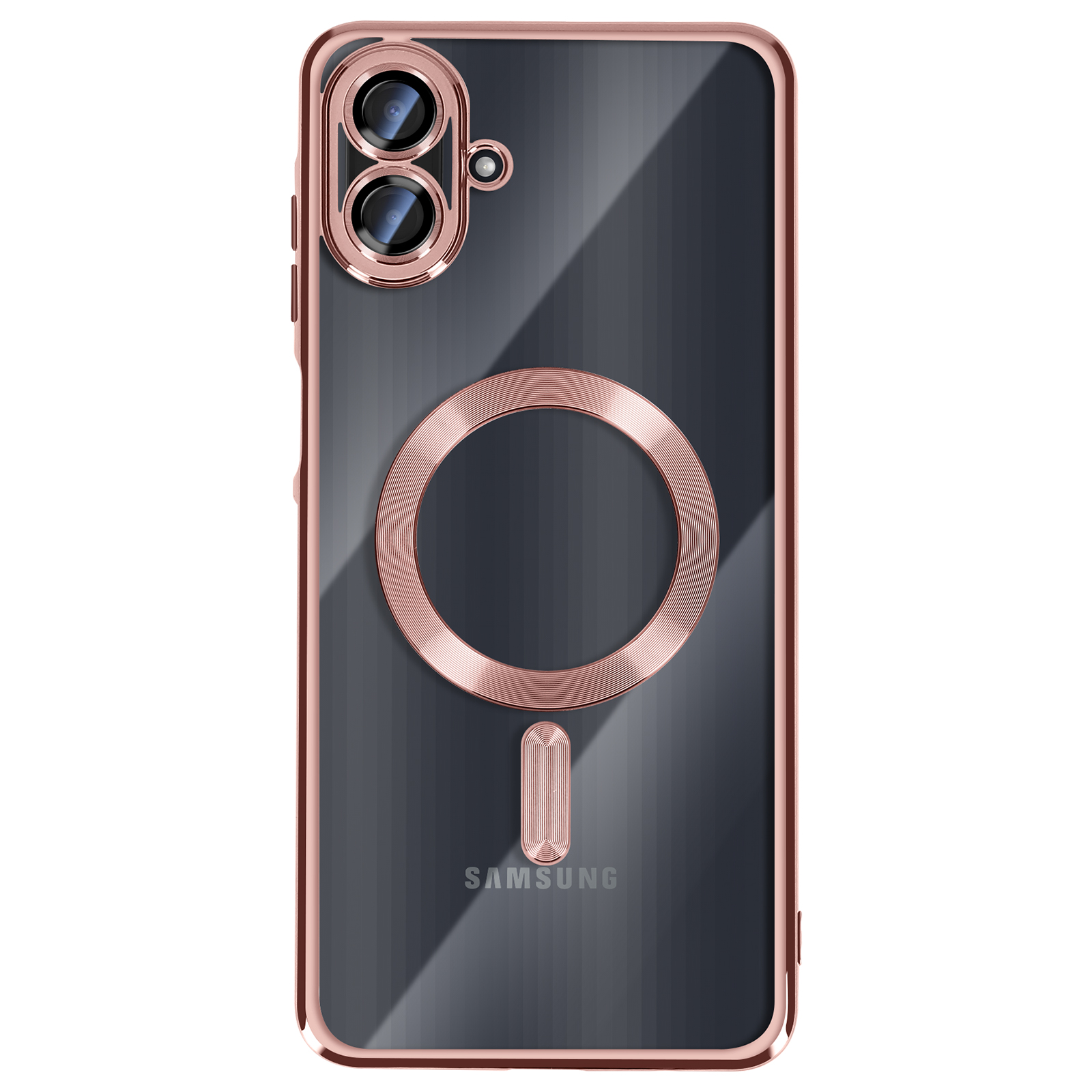 Transparante telefoonhoes met roségouden accenten. Voorzien van camera-uitsparingen, een magnetische ring en het Samsung-logo.