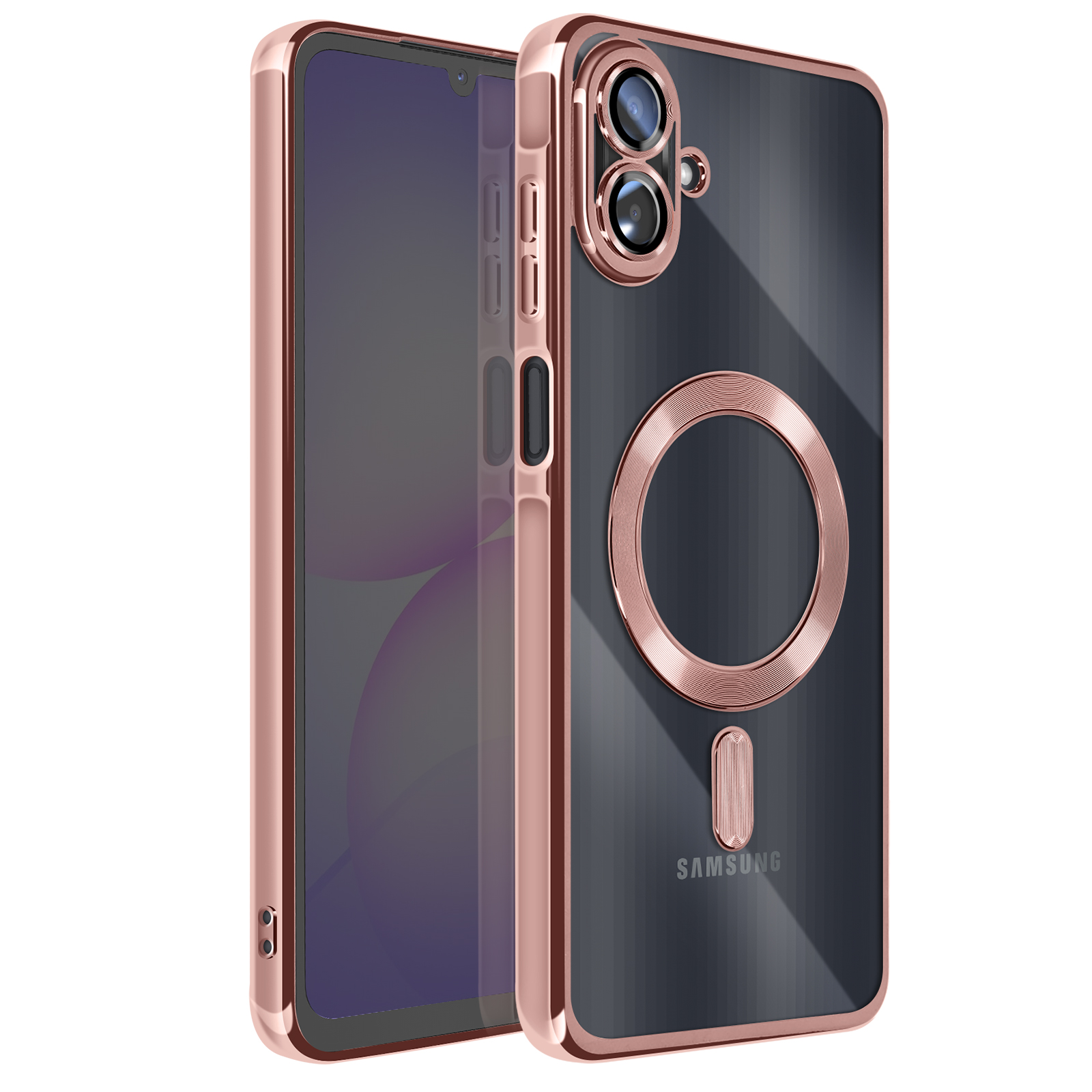 Een roségouden telefoonhoesje met een doorzichtige achterkant. Het heeft een camera-uitsparing, een magnetische ring en het Samsung-logo.