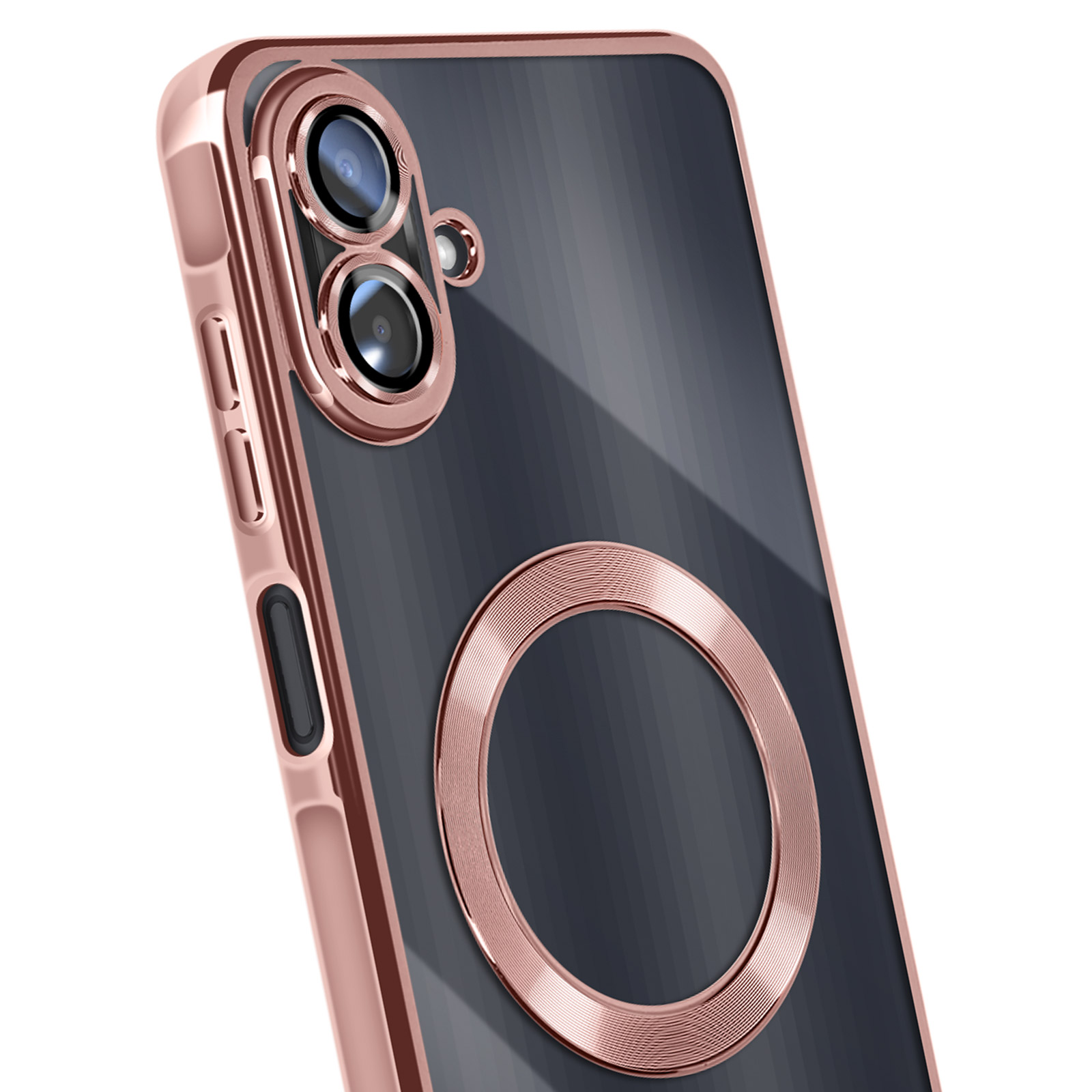 Roségouden telefoonhoesje met twee cameralenzen en een cirkelvormige magnetische ring. De achtergrond is grijs.