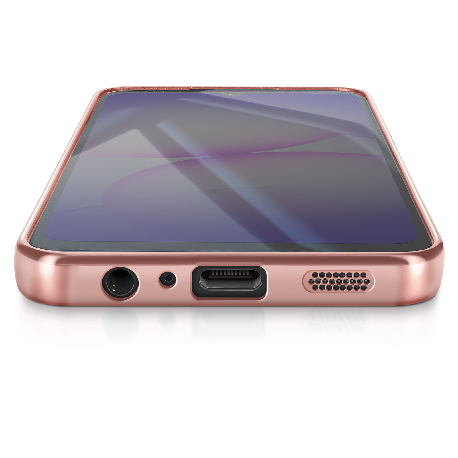 Een roségouden smartphone ligt op een wit oppervlak. Het scherm toont een paars en wit abstract ontwerp.