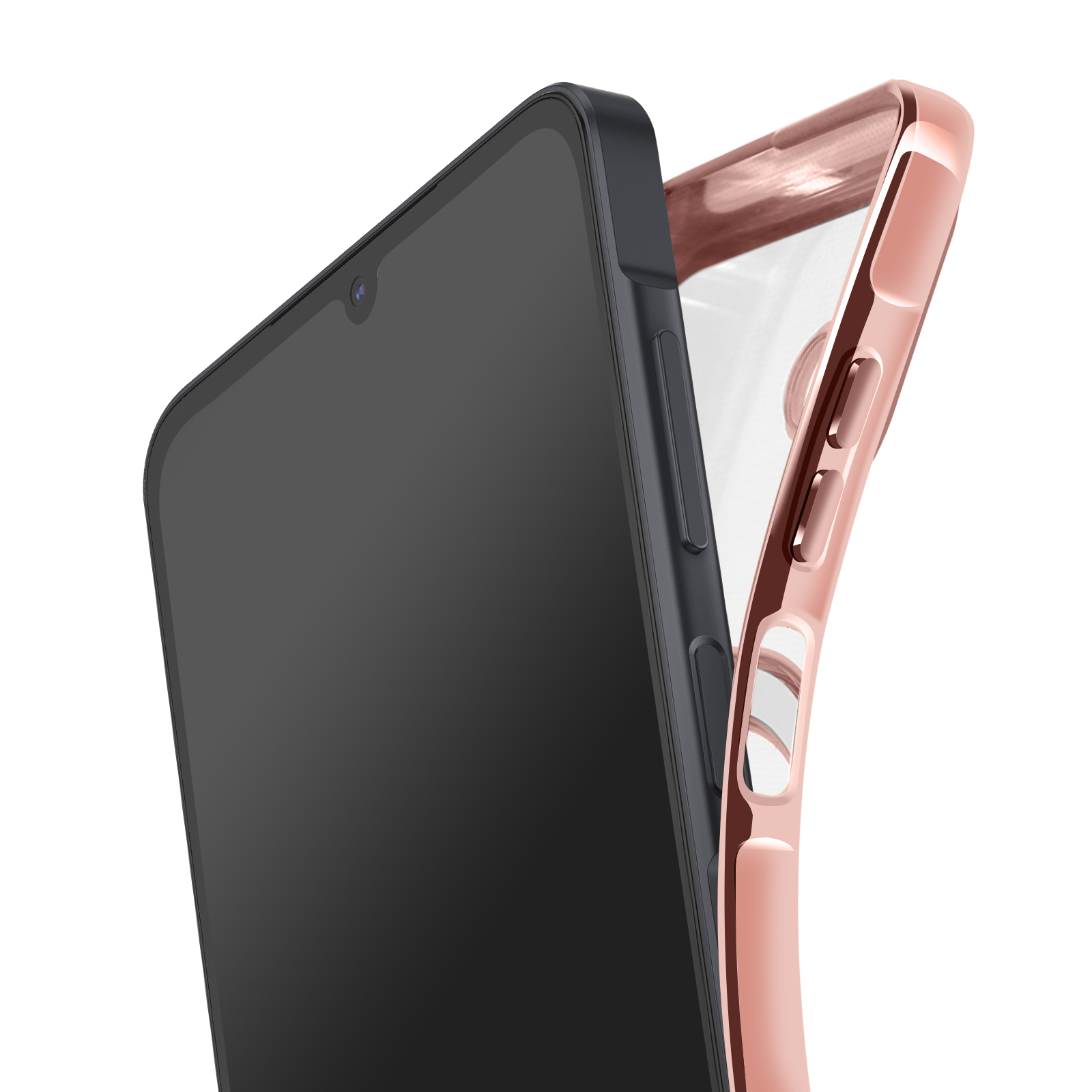 Een donkere smartphone met een zwart scherm ligt naast een roségouden telefoonhoesje op een witte achtergrond.