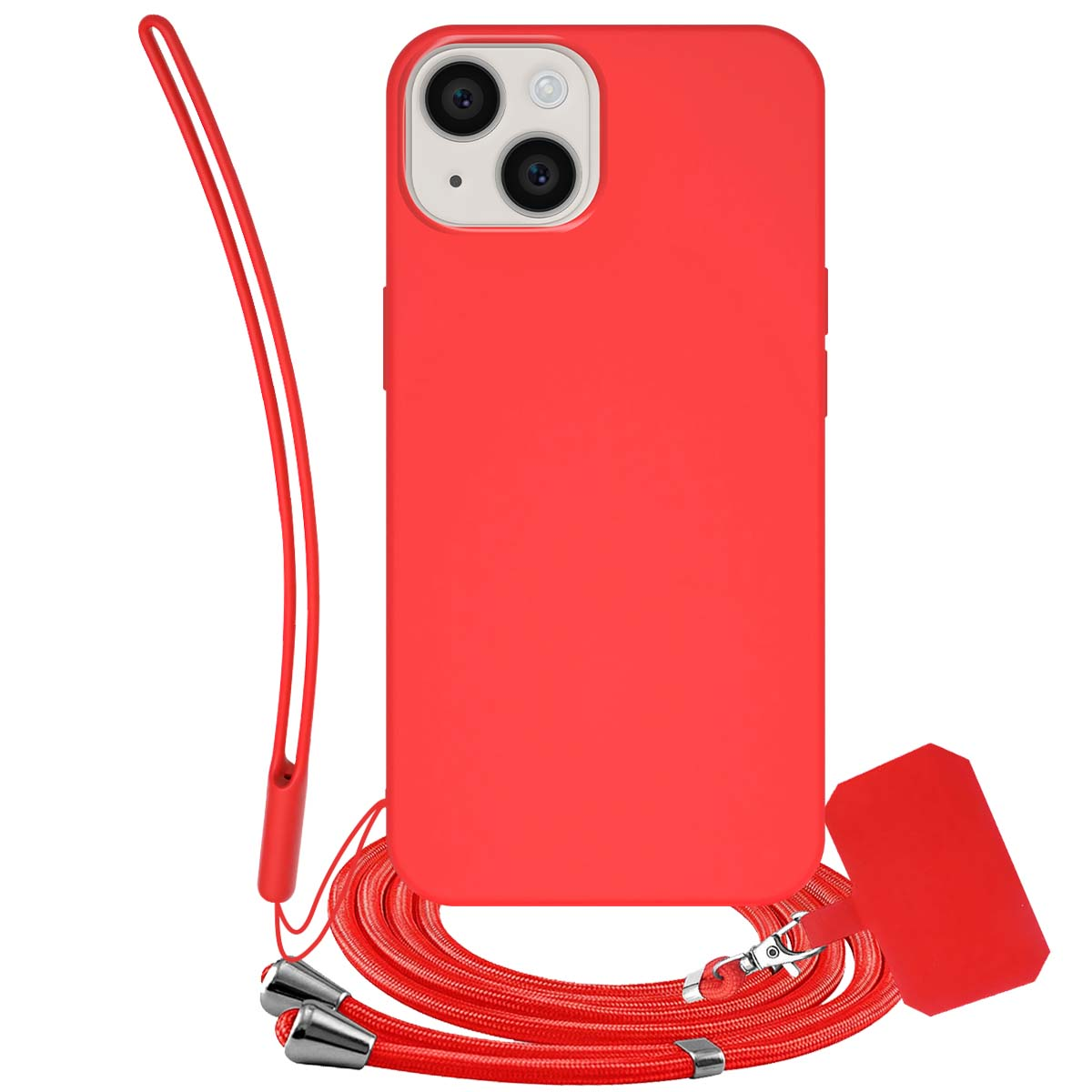 Una custodia rossa per telefono con un cordino. La custodia ha due obiettivi. Sono presenti anche un cinturino rosso e un supporto.