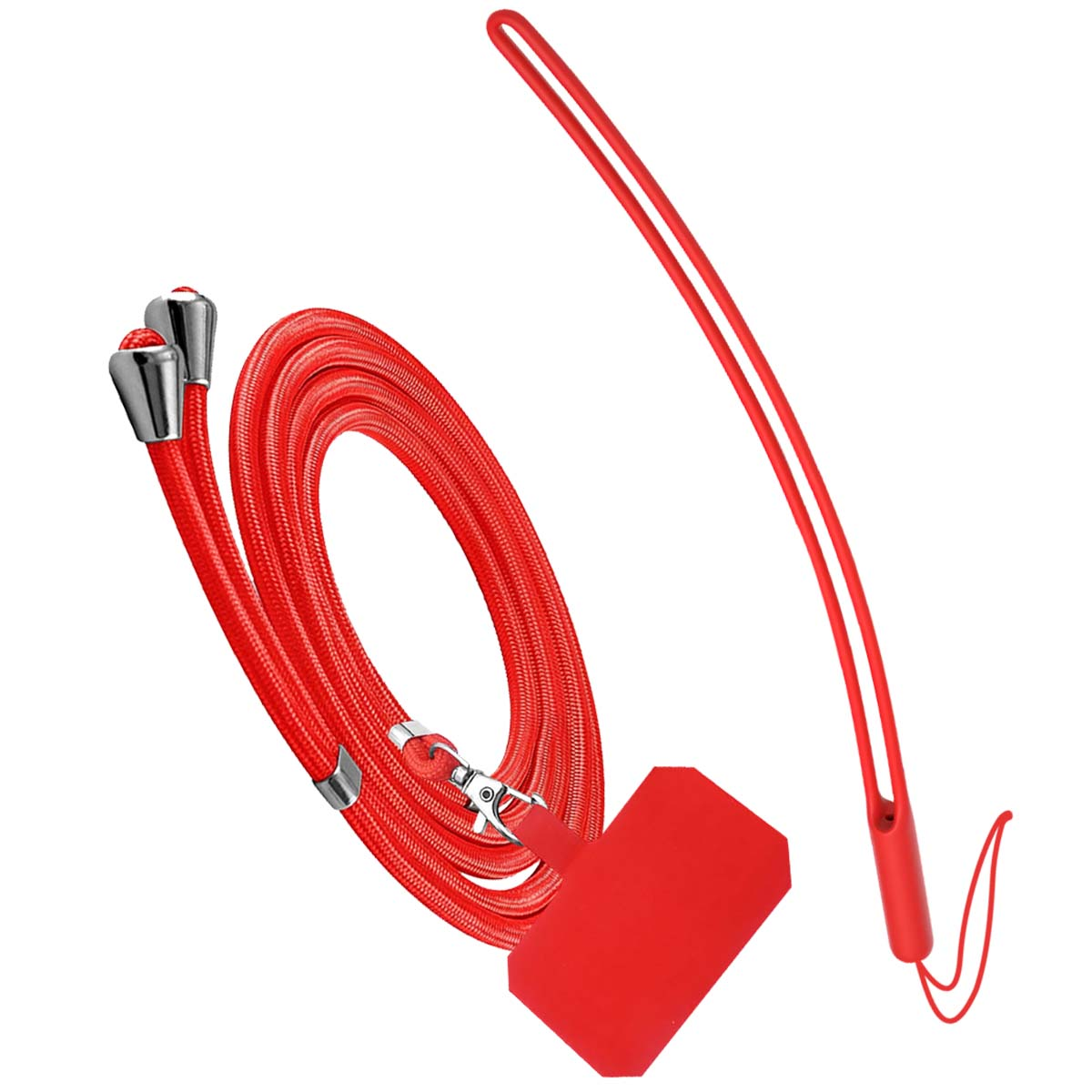 Un cinturino rosso per telefono con cordino, chiusure in metallo e supporto rosso per telefono su sfondo bianco.