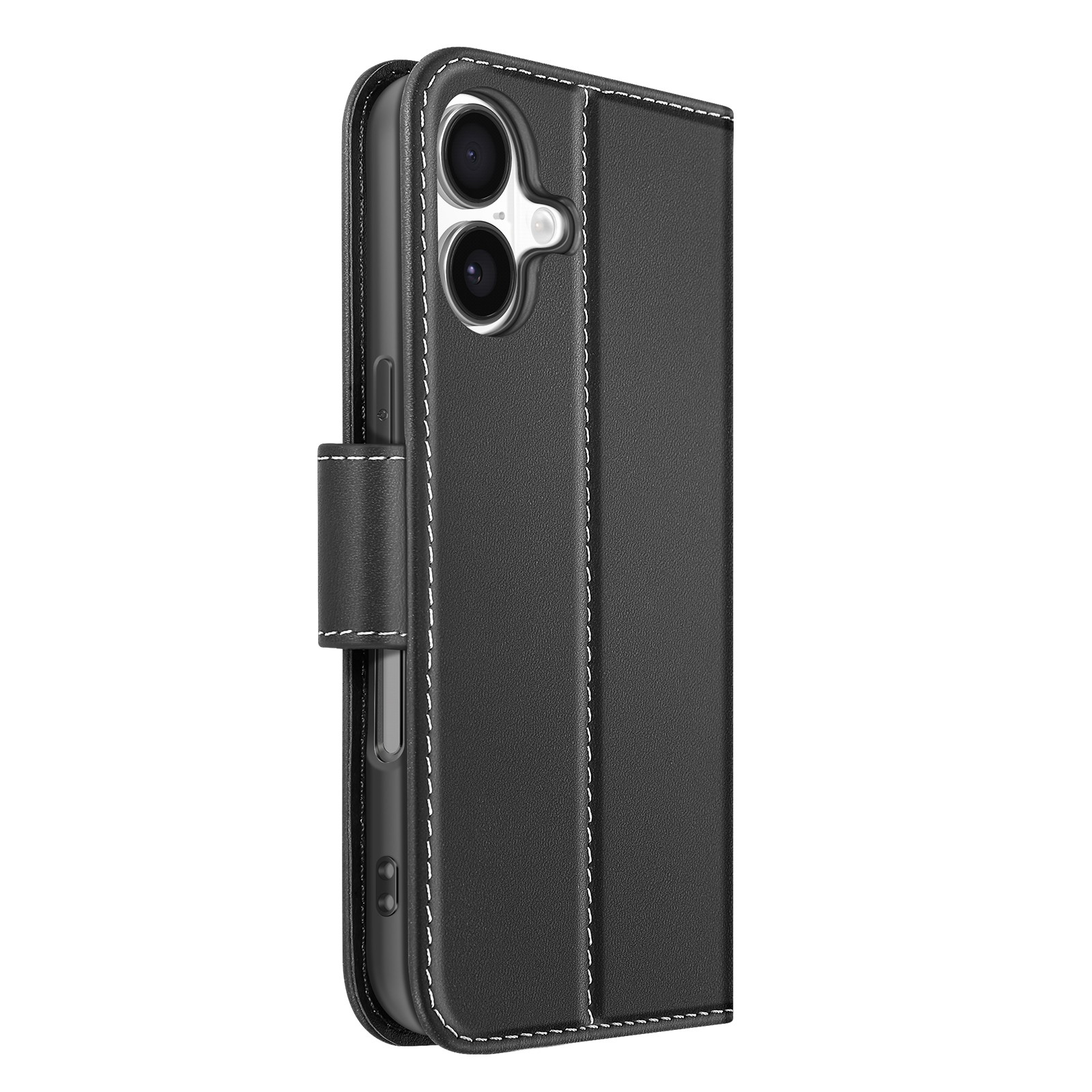 Custodia per telefono nera con cuciture bianche. Presenta una patta e ritagli per la fotocamera. Lo sfondo è bianco.