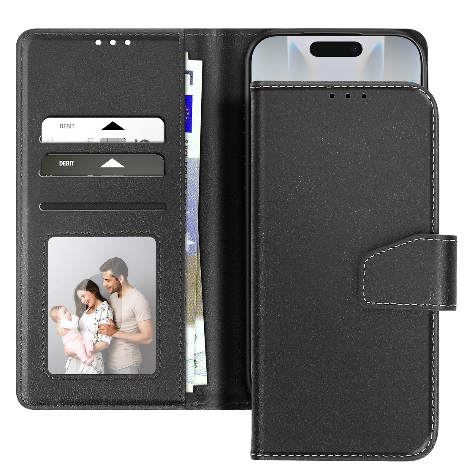 Custodia nera per telefono con telefono all'interno. Scomparti per carte, foto di famiglia e banconota.