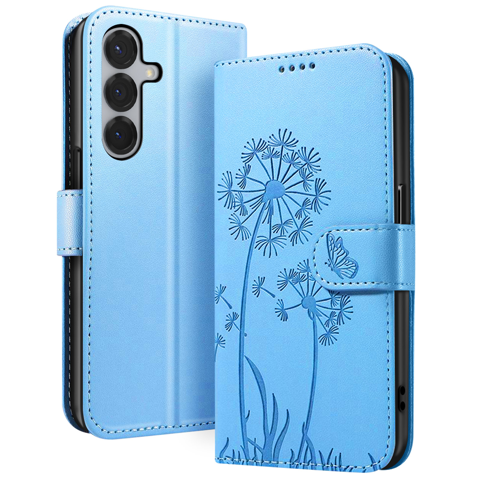Custodia per telefono azzurra. Design di un dente di leone con una farfalla. Tre lenti della fotocamera visibili.