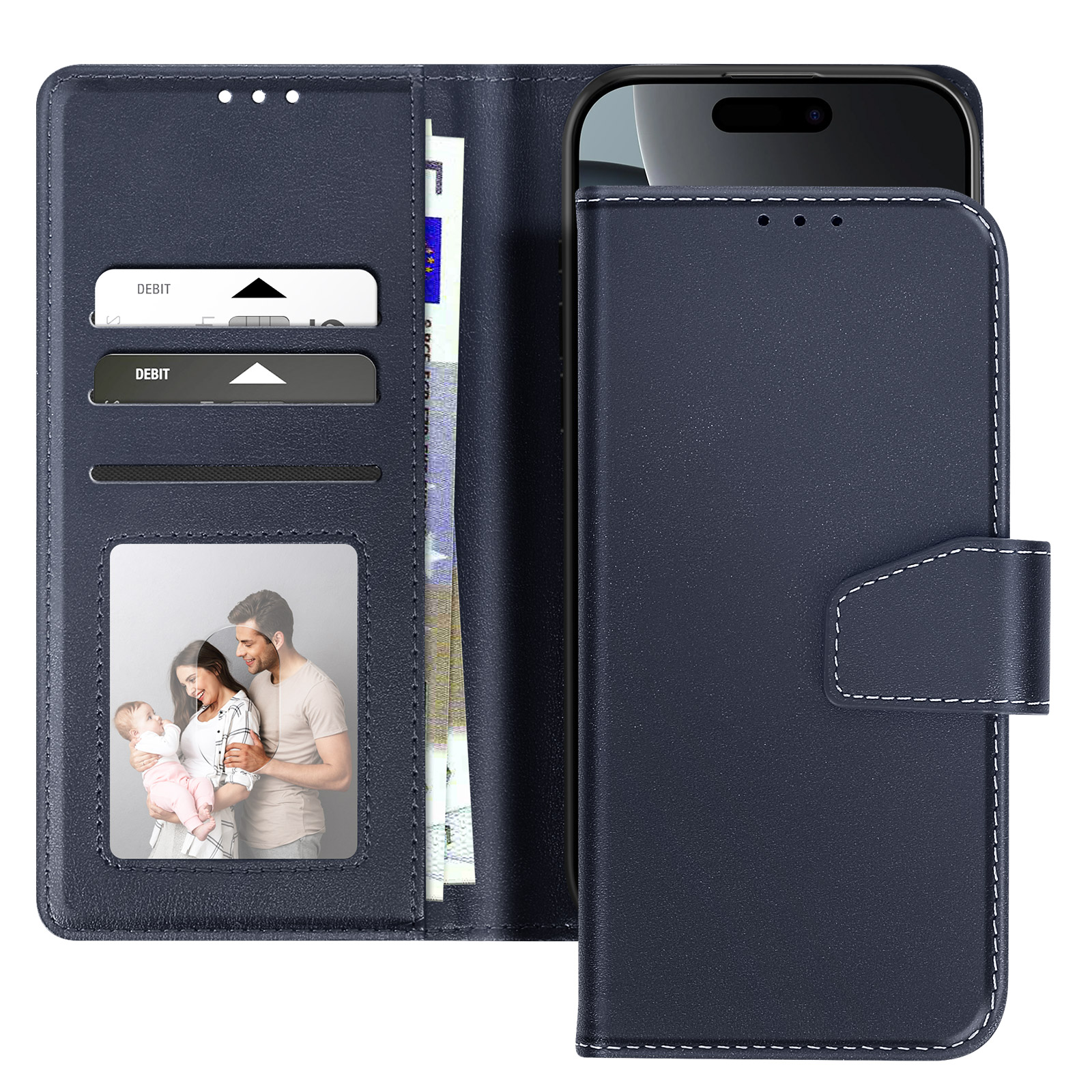 Custodia per telefono blu scuro con telefono. Ha fessure per carte, una foto di famiglia e una chiusura.