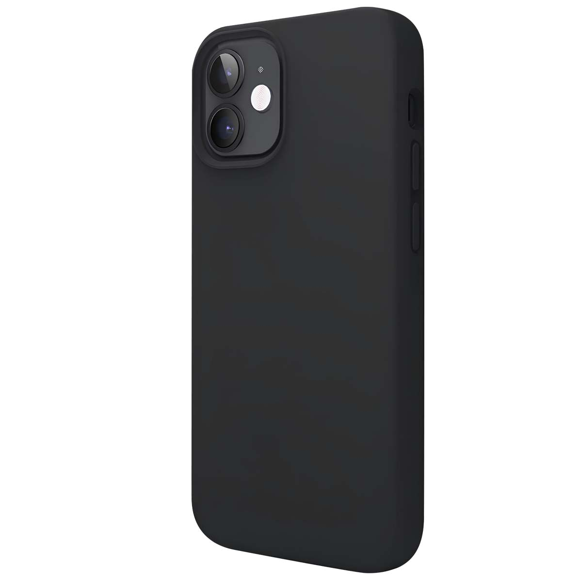 Una custodia nera per telefono con modulo fotocamera. La custodia copre retro e lati del telefono e ha ritagli per i pulsanti.