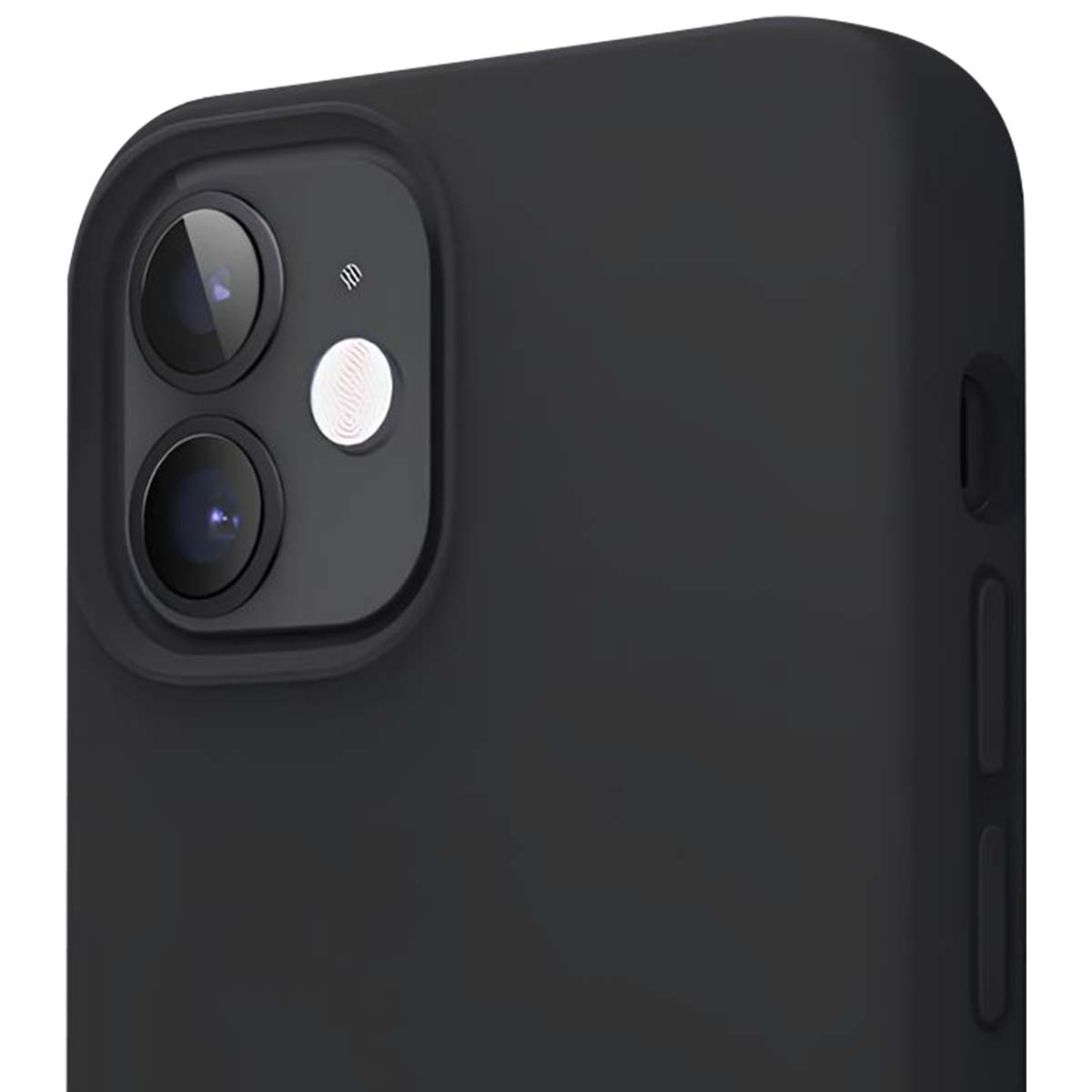 Primo piano di una custodia nera per telefono. Visibili il modulo fotocamera con tre obiettivi e i pulsanti laterali.
