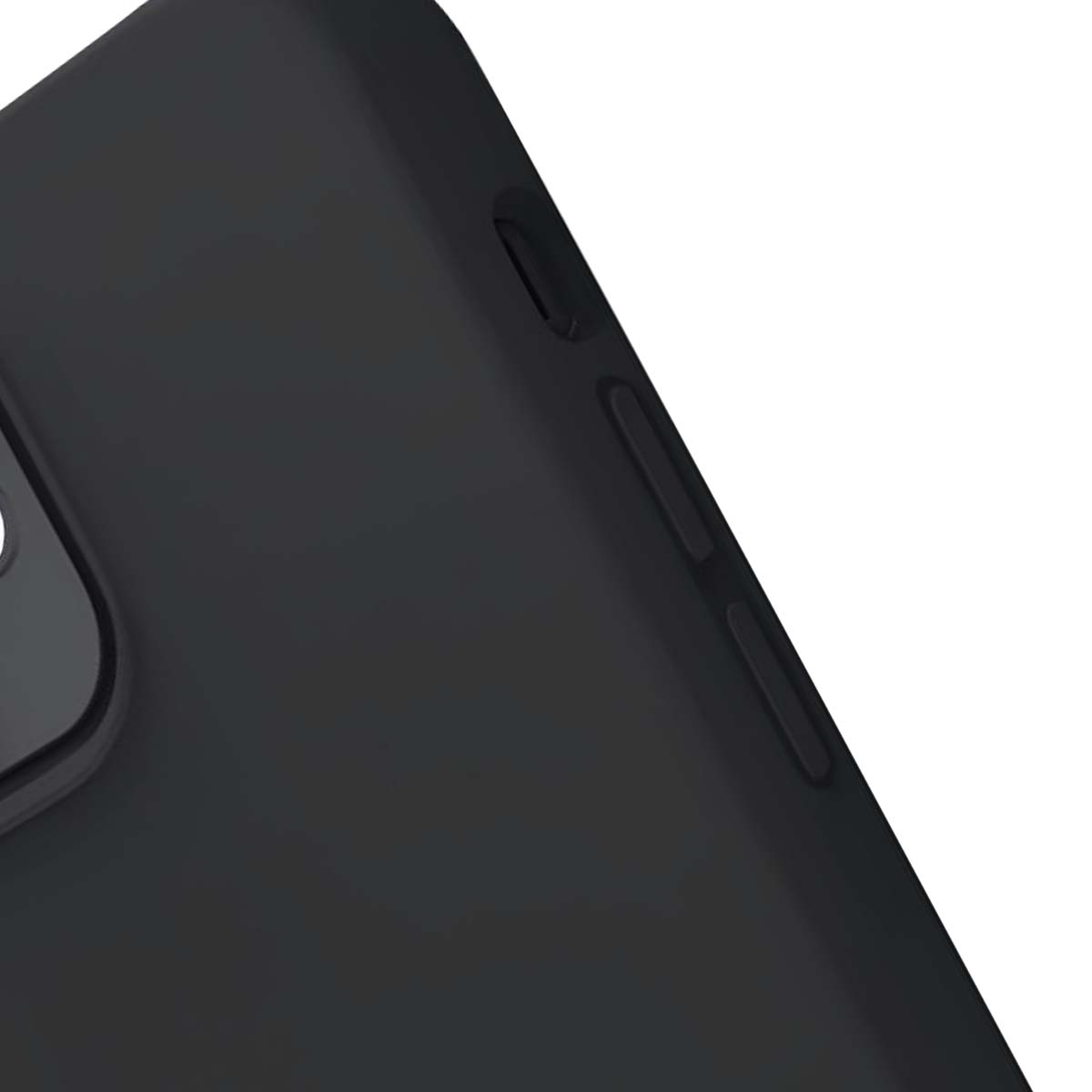 Primo piano di una custodia nera per telefono. I pulsanti del volume sono visibili sul lato destro. Lo sfondo è bianco.