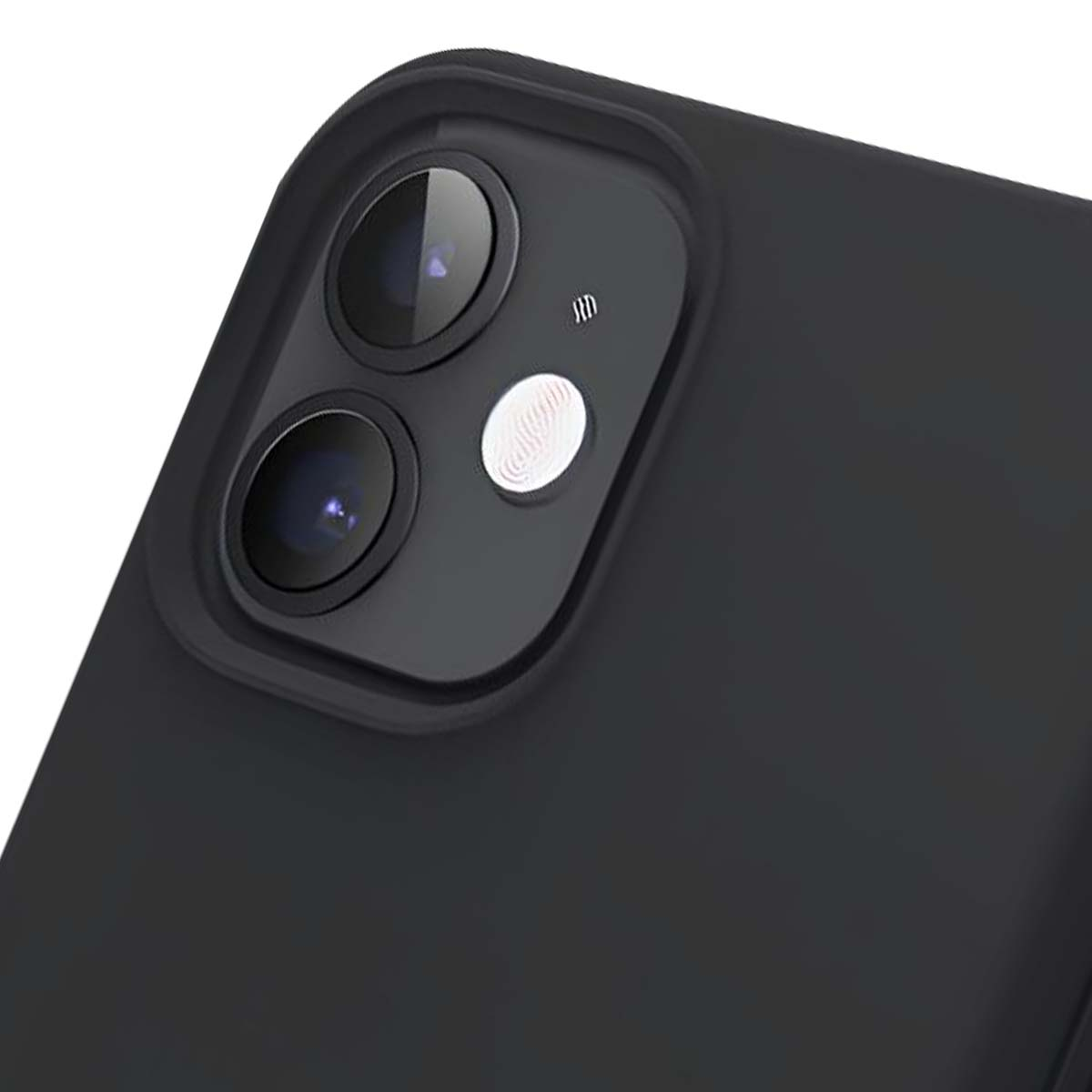 Primo piano della fotocamera di un telefono nero. Sono visibili due obiettivi, un flash e un pulsante laterale. Anche lo sfondo è nero.