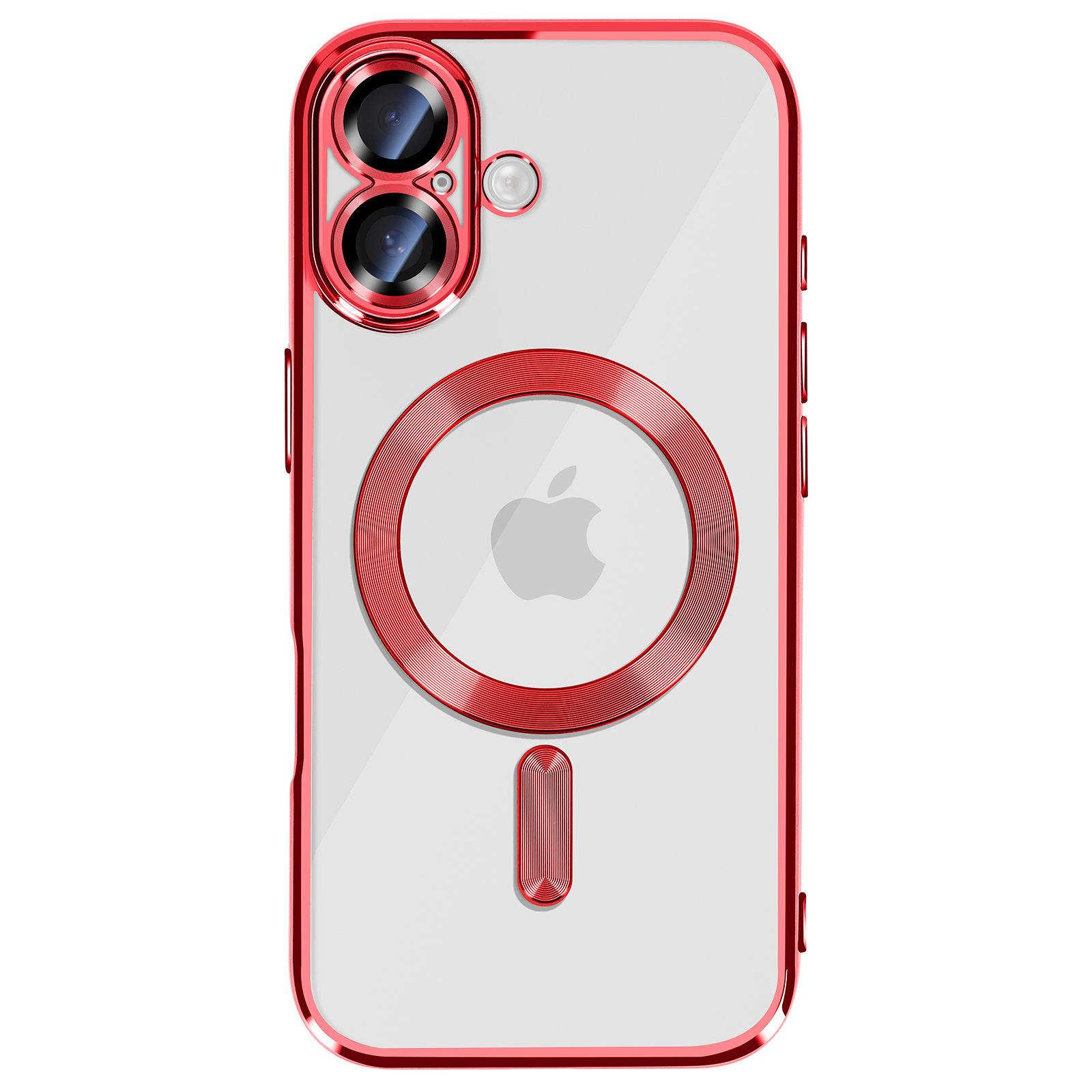 Transparante telefoonhoes met rode rand, camerarand en Apple-logo. Voorzien van een rode magnetische ring en een verticale balk.