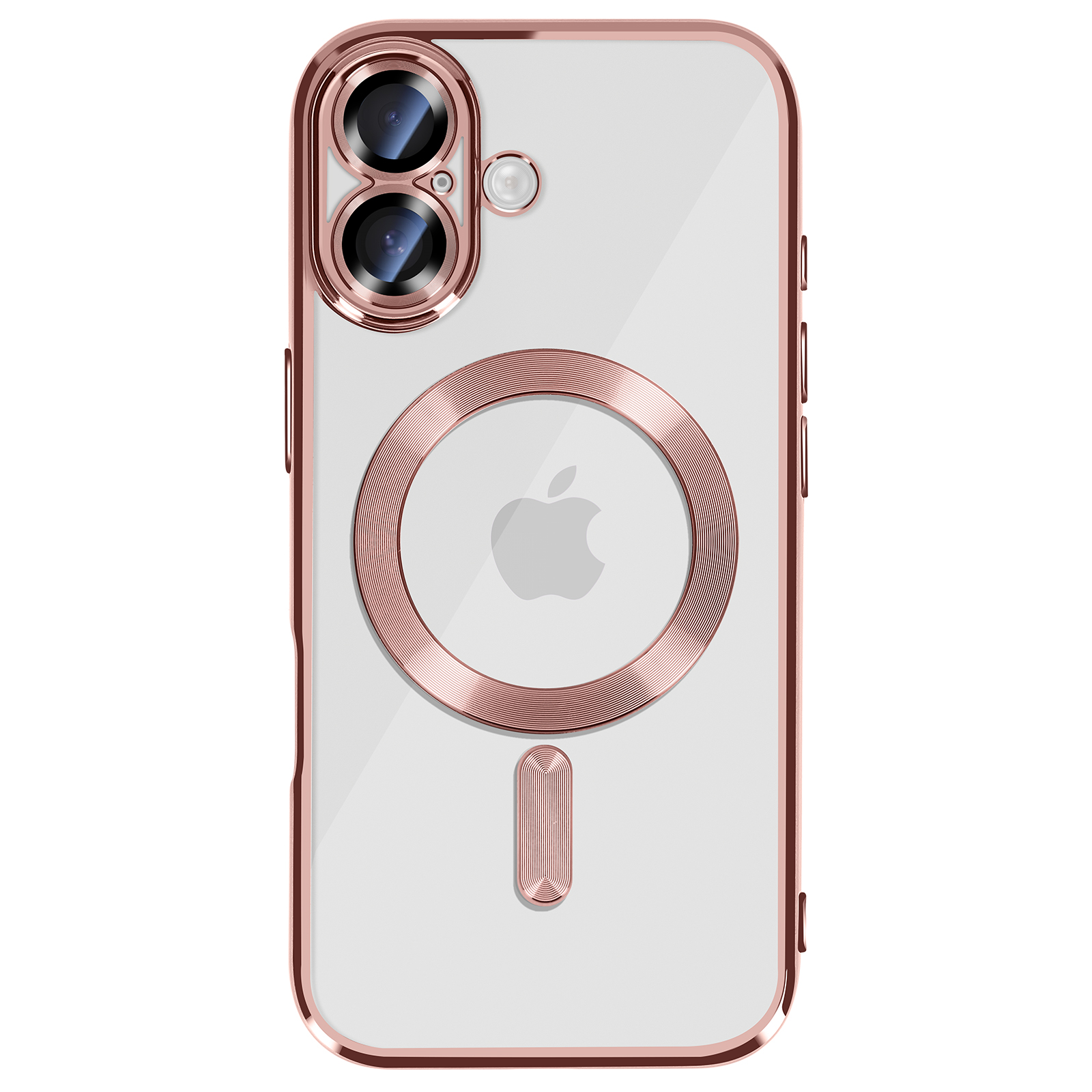 Transparante telefoonhoes met roségouden rand. Met dubbele cameralenzen, Apple-logo en MagSafe-ring.