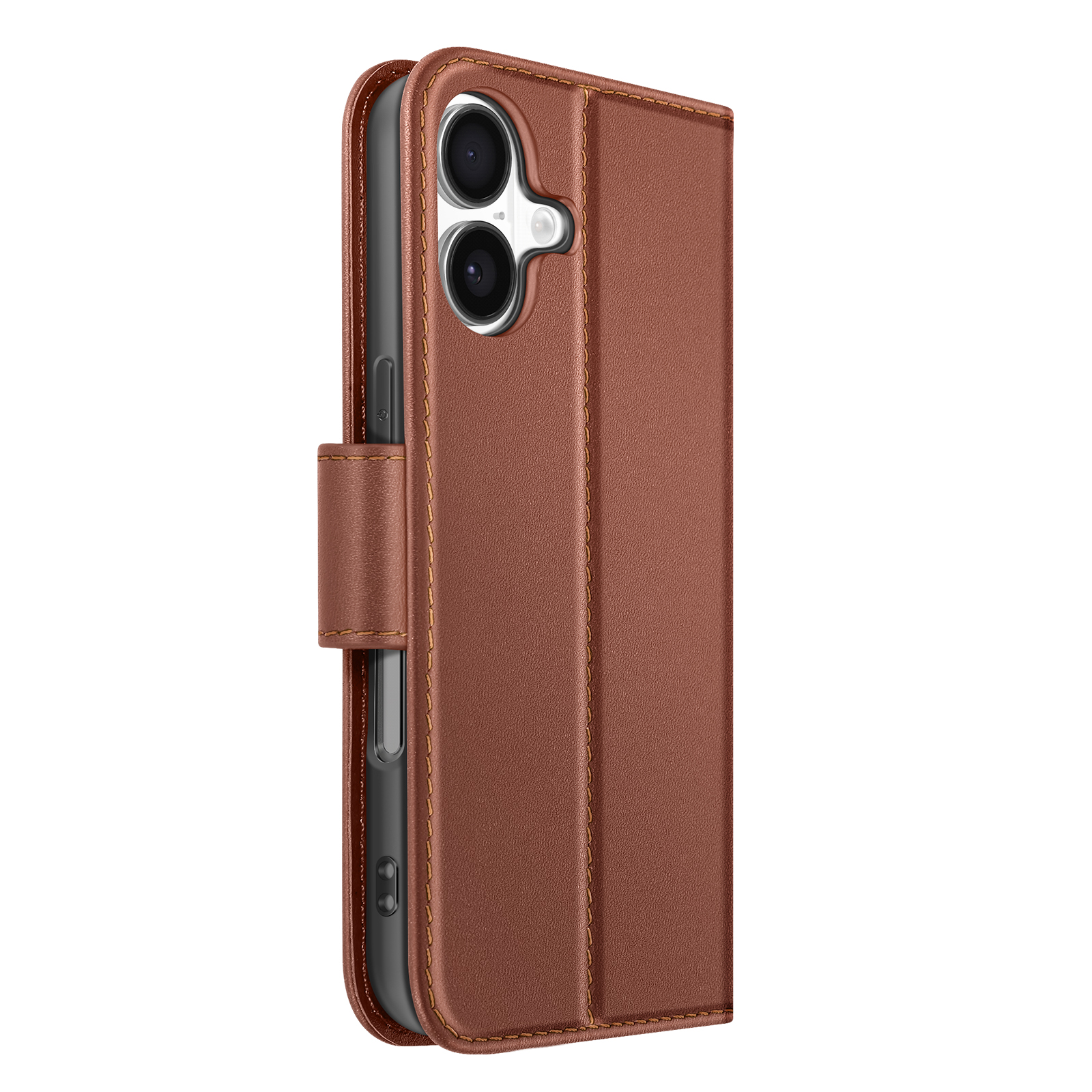 Se muestra una funda de cuero marrón con un teléfono dentro. La funda está cerrada. El fondo es blanco.